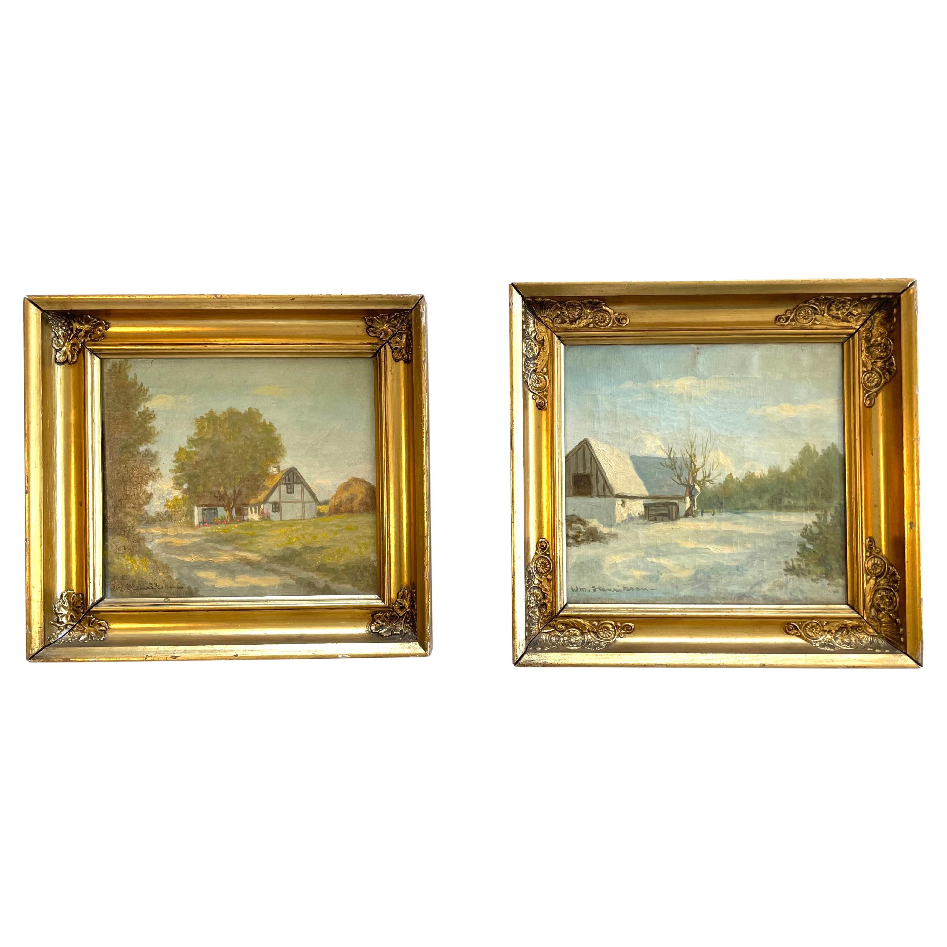 Antica coppia originale di dipinti di paesaggi di William Henriksen (1880-1964)
