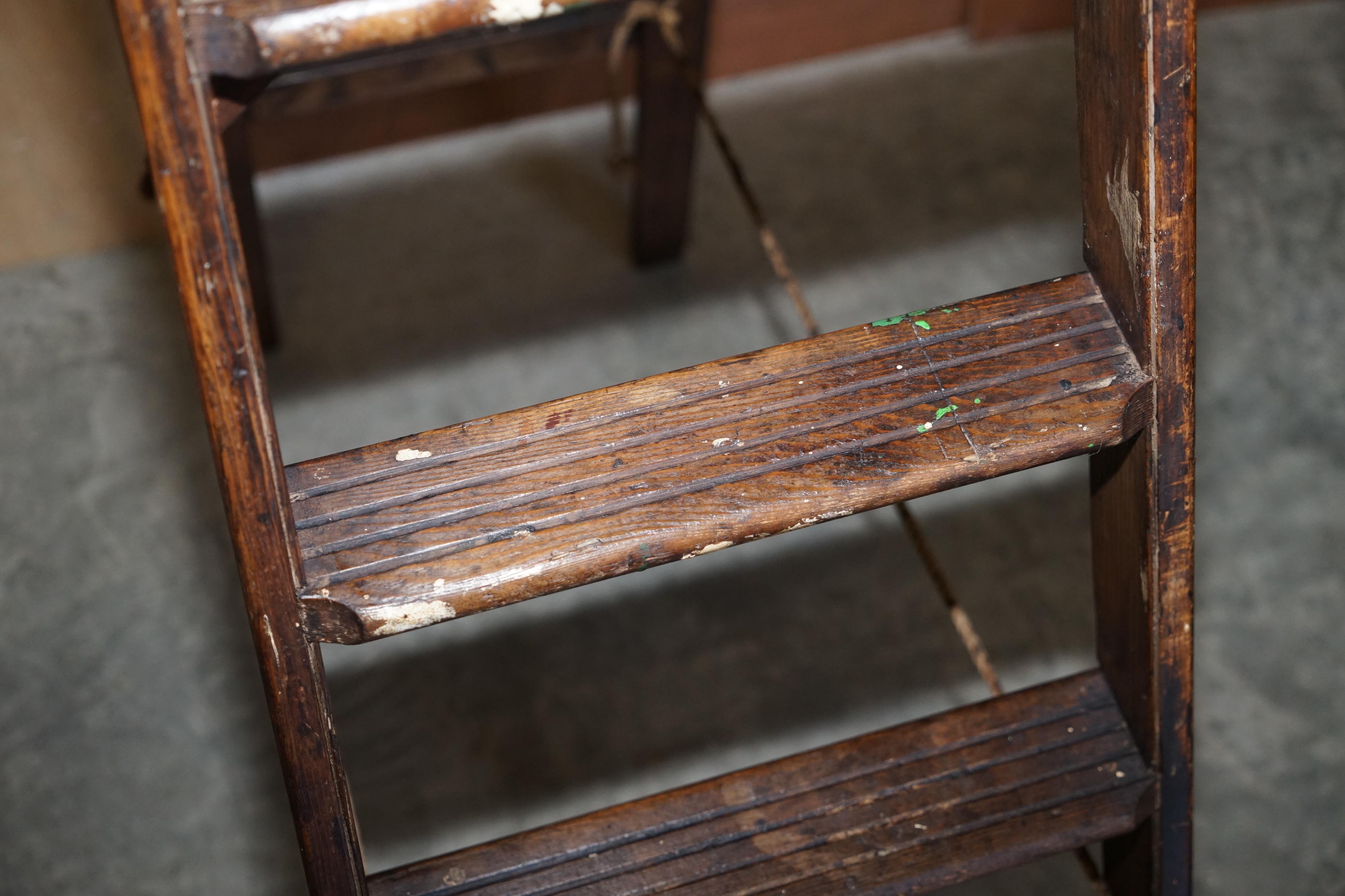 English Antique Original Patina Gravity Randall Library Bookcase Steps Ladder