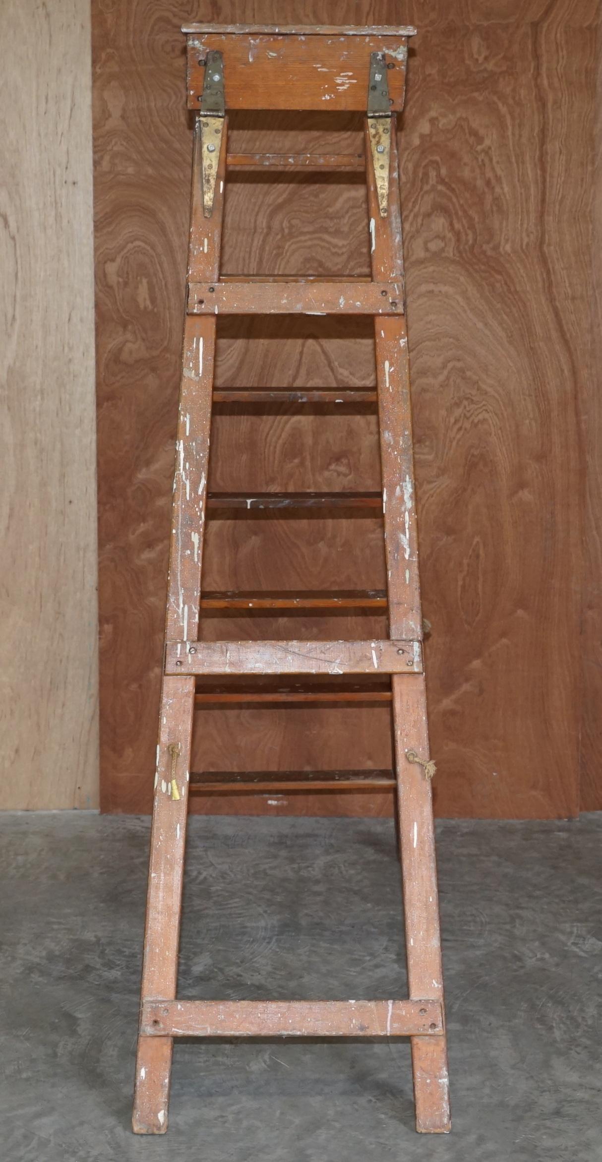 Antique Original Patina Painted Finish Red Tall Library Bookcase Steps Ladder For Sale 2