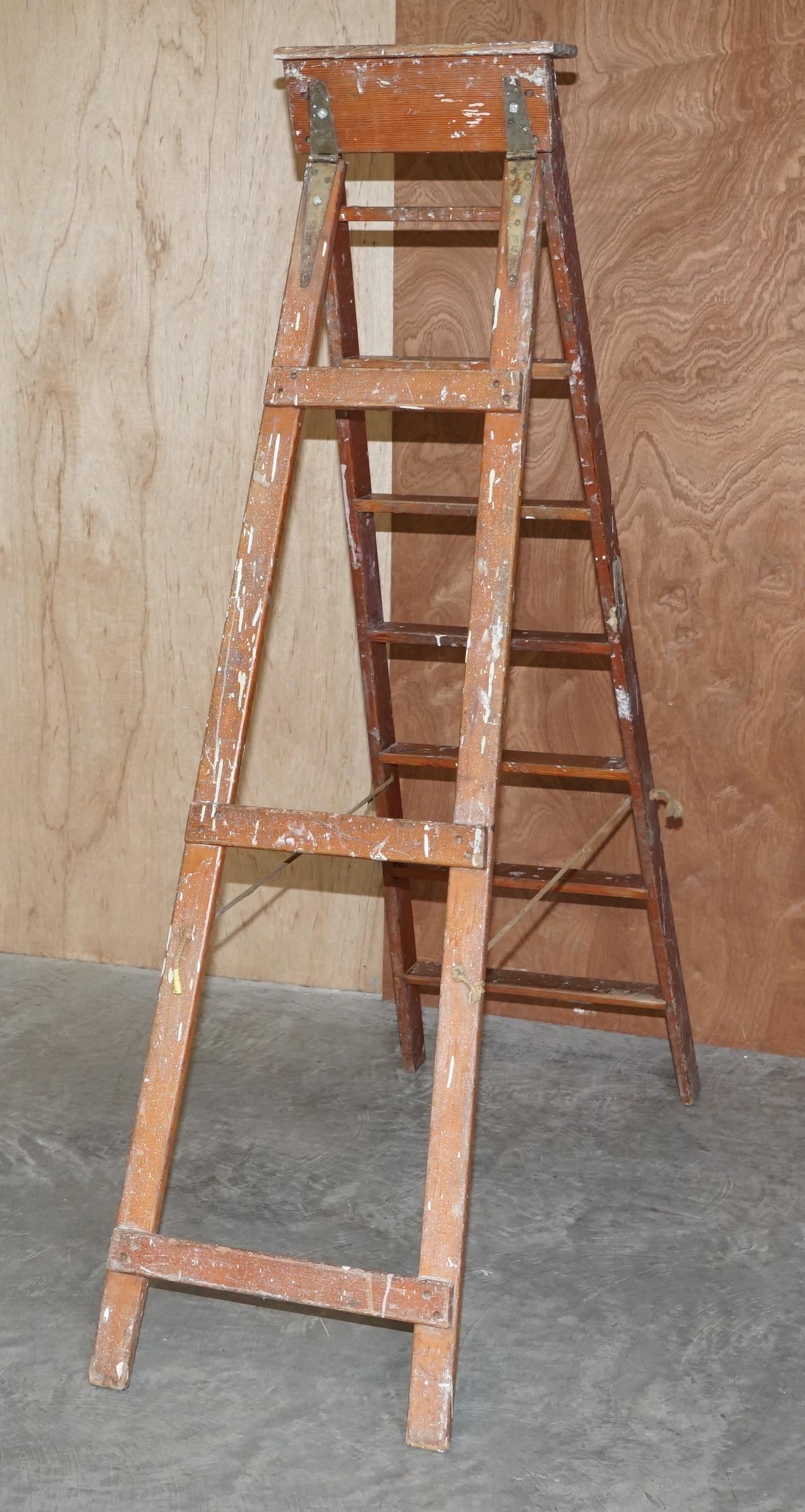 Antique Original Patina Painted Finish Red Tall Library Bookcase Steps Ladder For Sale 3