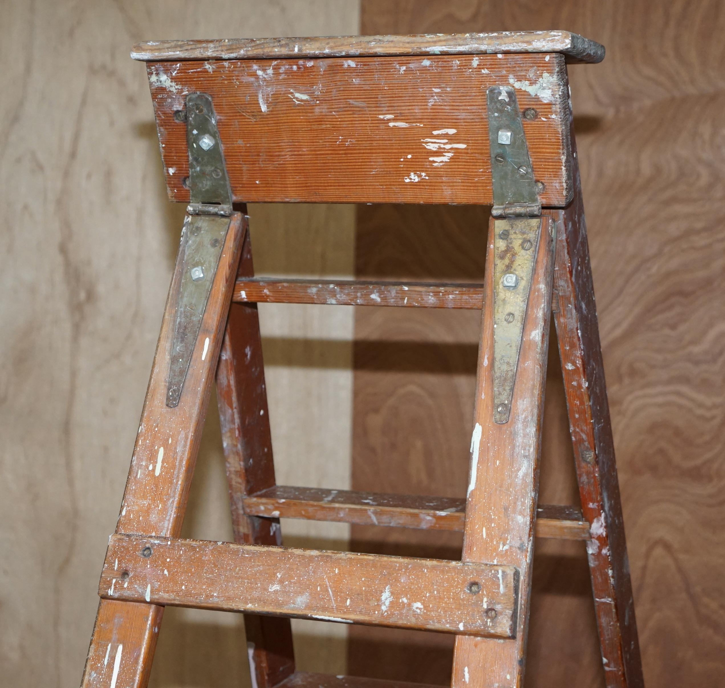Antique Original Patina Painted Finish Red Tall Library Bookcase Steps Ladder For Sale 4