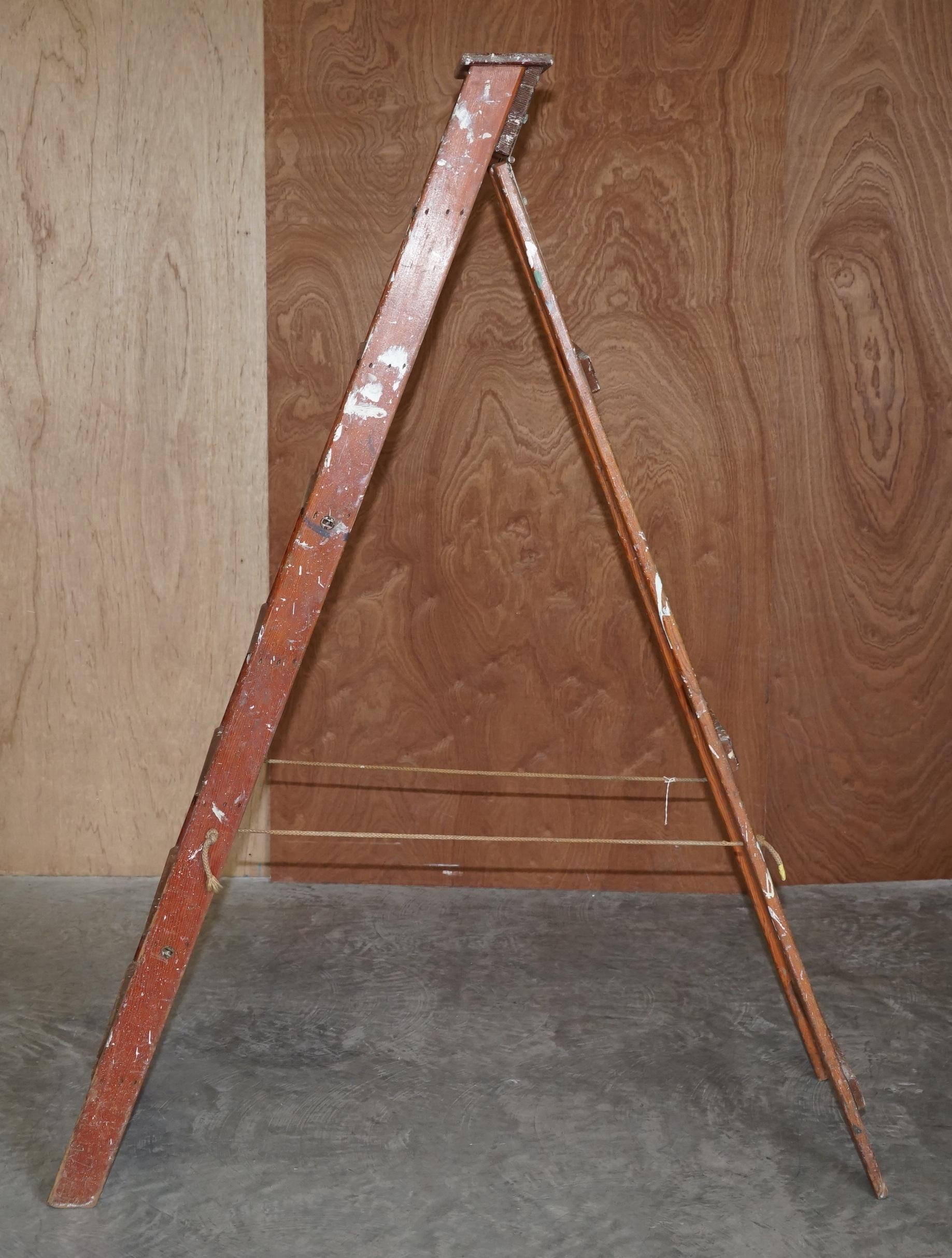 Antique Original Patina Painted Finish Red Tall Library Bookcase Steps Ladder For Sale 6