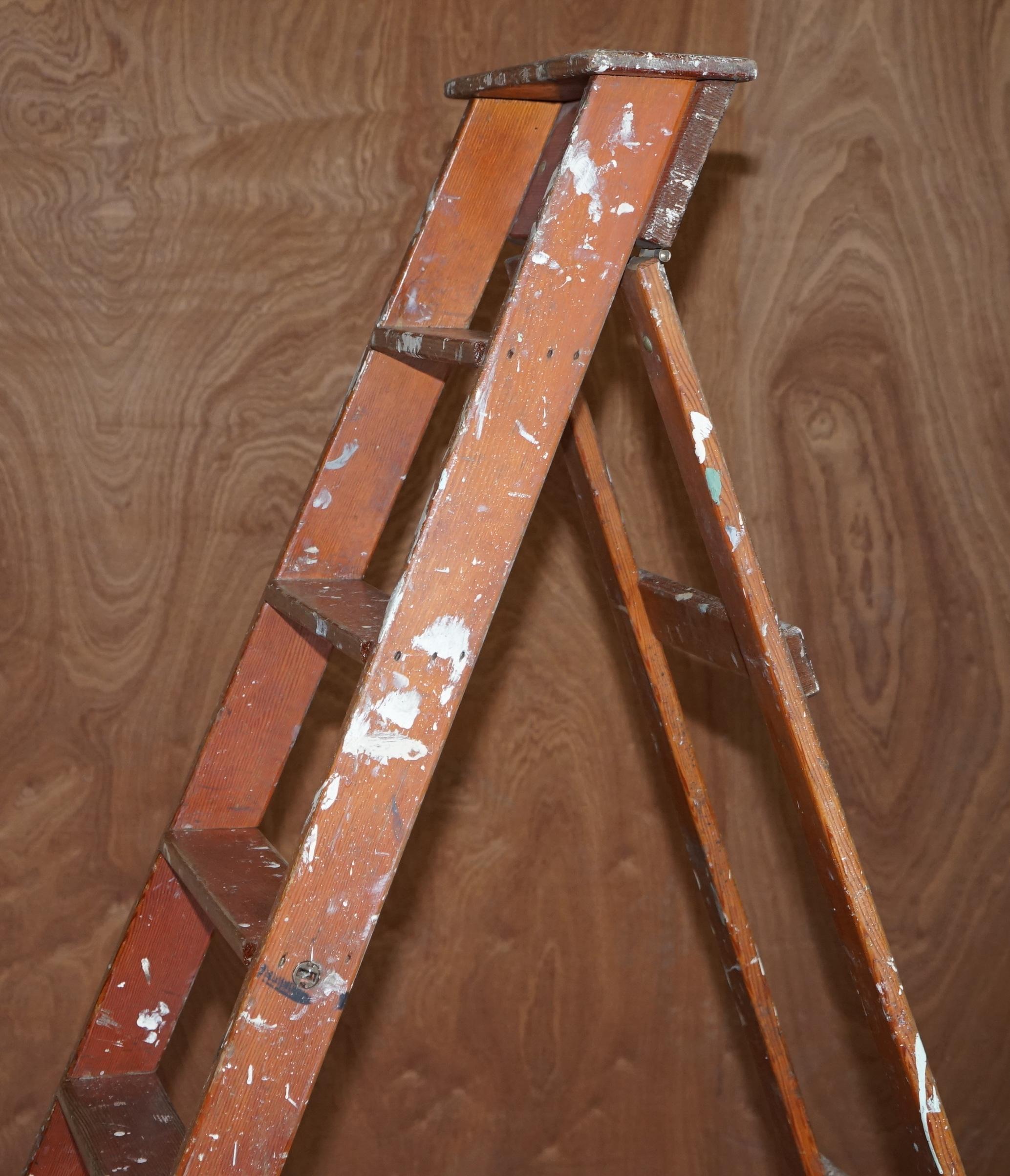 Antique Original Patina Painted Finish Red Tall Library Bookcase Steps Ladder For Sale 7