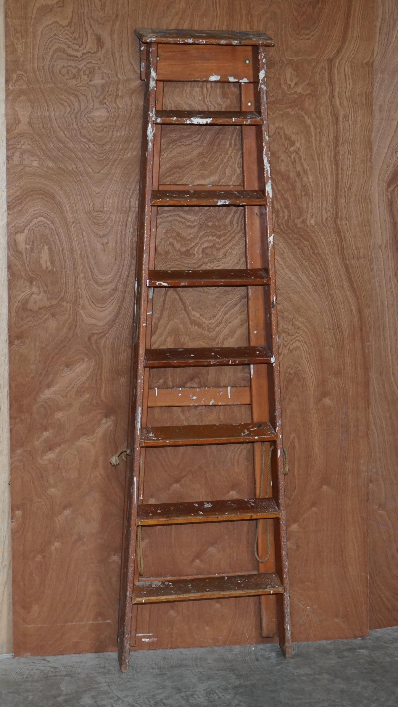 Antique Original Patina Painted Finish Red Tall Library Bookcase Steps Ladder For Sale 8