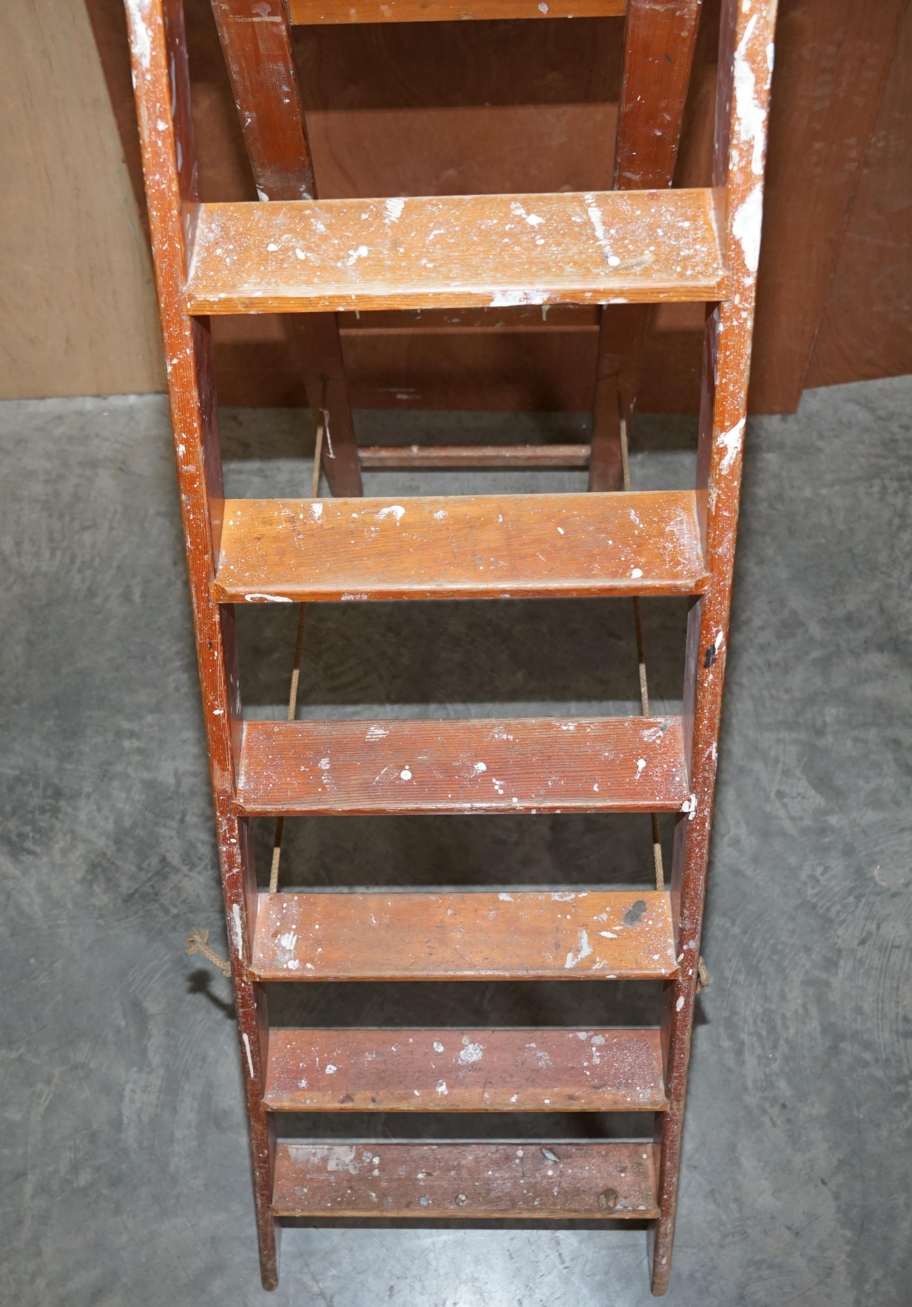 Edwardian Antique Original Patina Painted Finish Red Tall Library Bookcase Steps Ladder For Sale