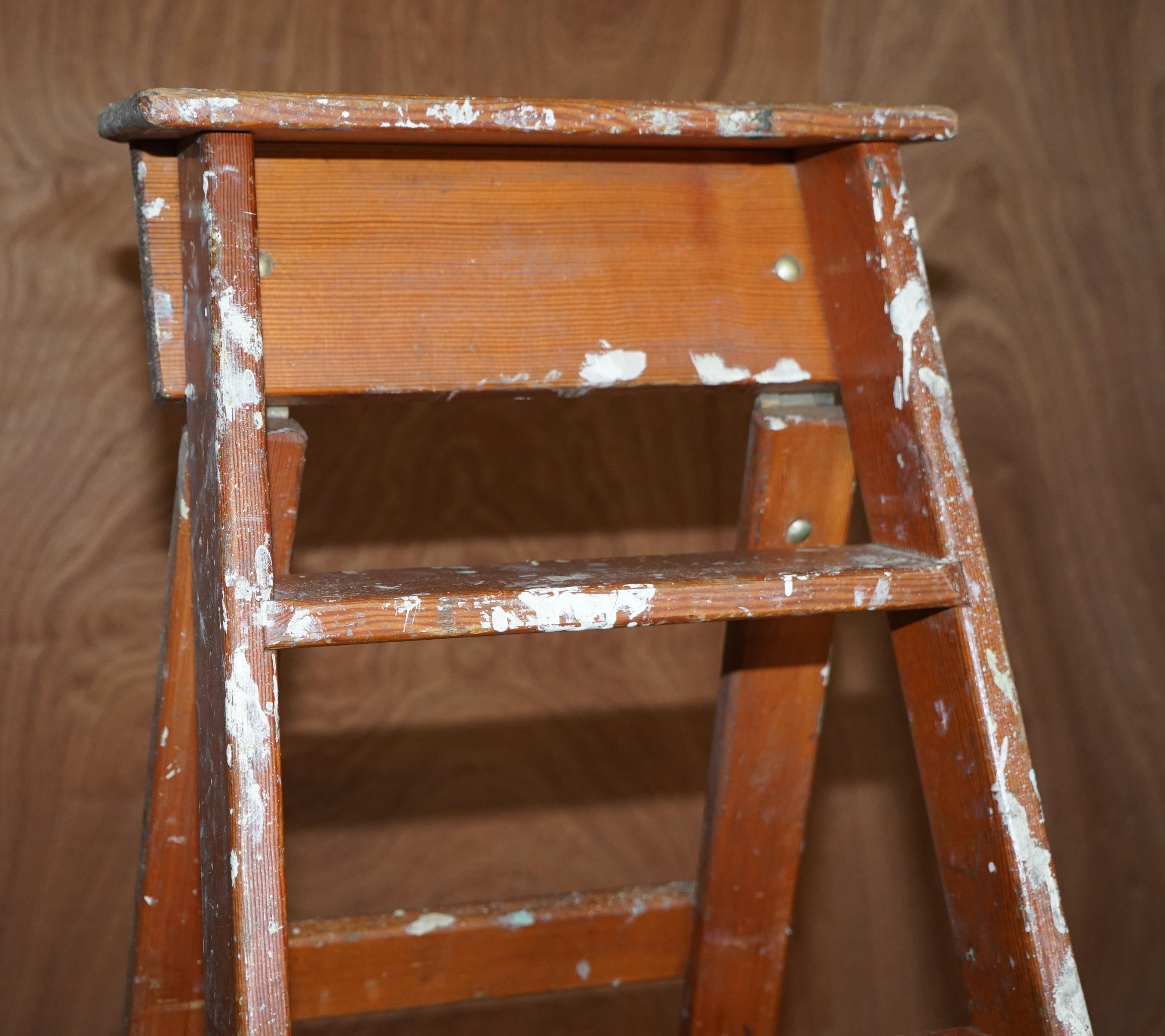 Hand-Crafted Antique Original Patina Painted Finish Red Tall Library Bookcase Steps Ladder For Sale