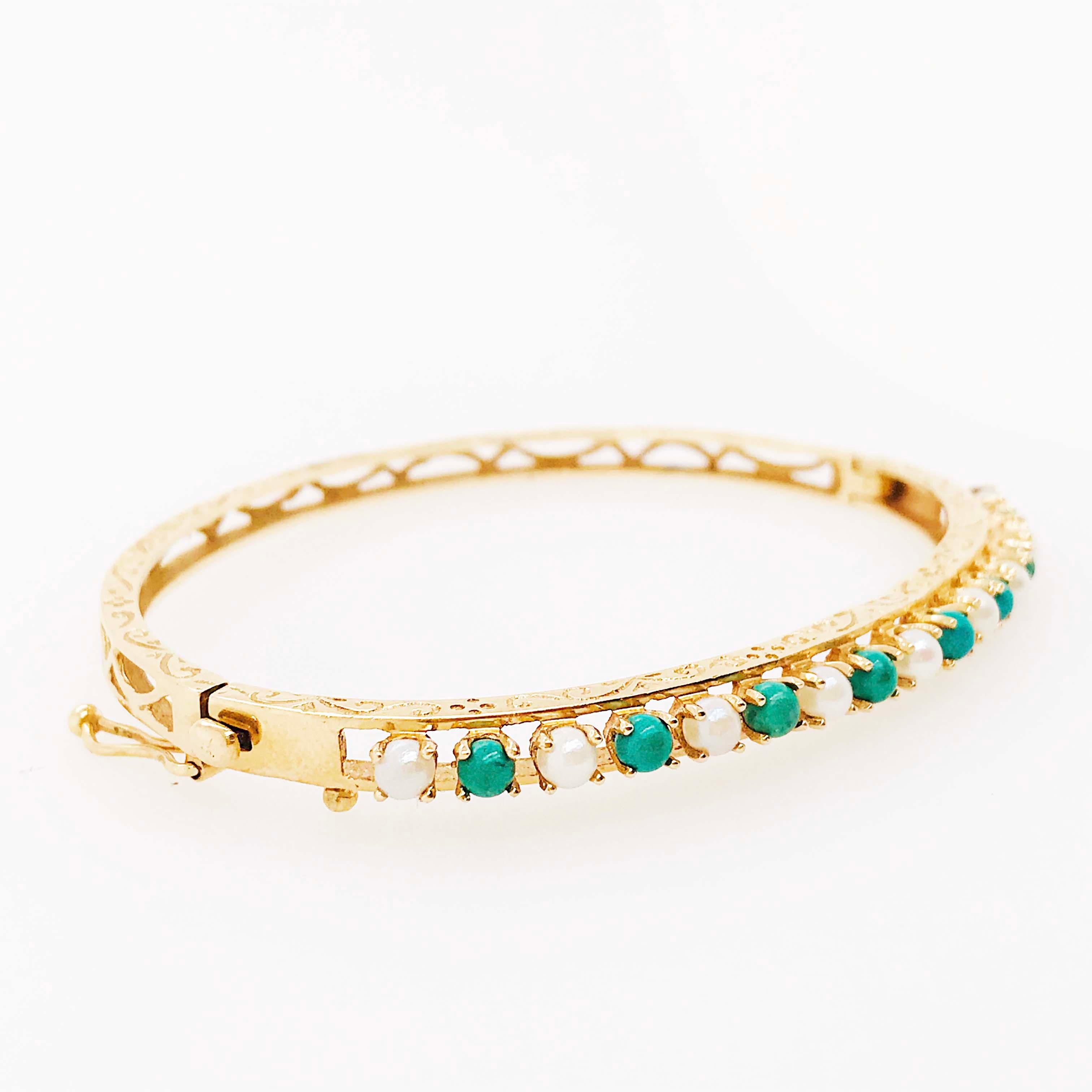 Antique and Original Pearl and Amazonite Bangle Bracelet, 14 Karat Gold Genuine In Excellent Condition In Austin, TX