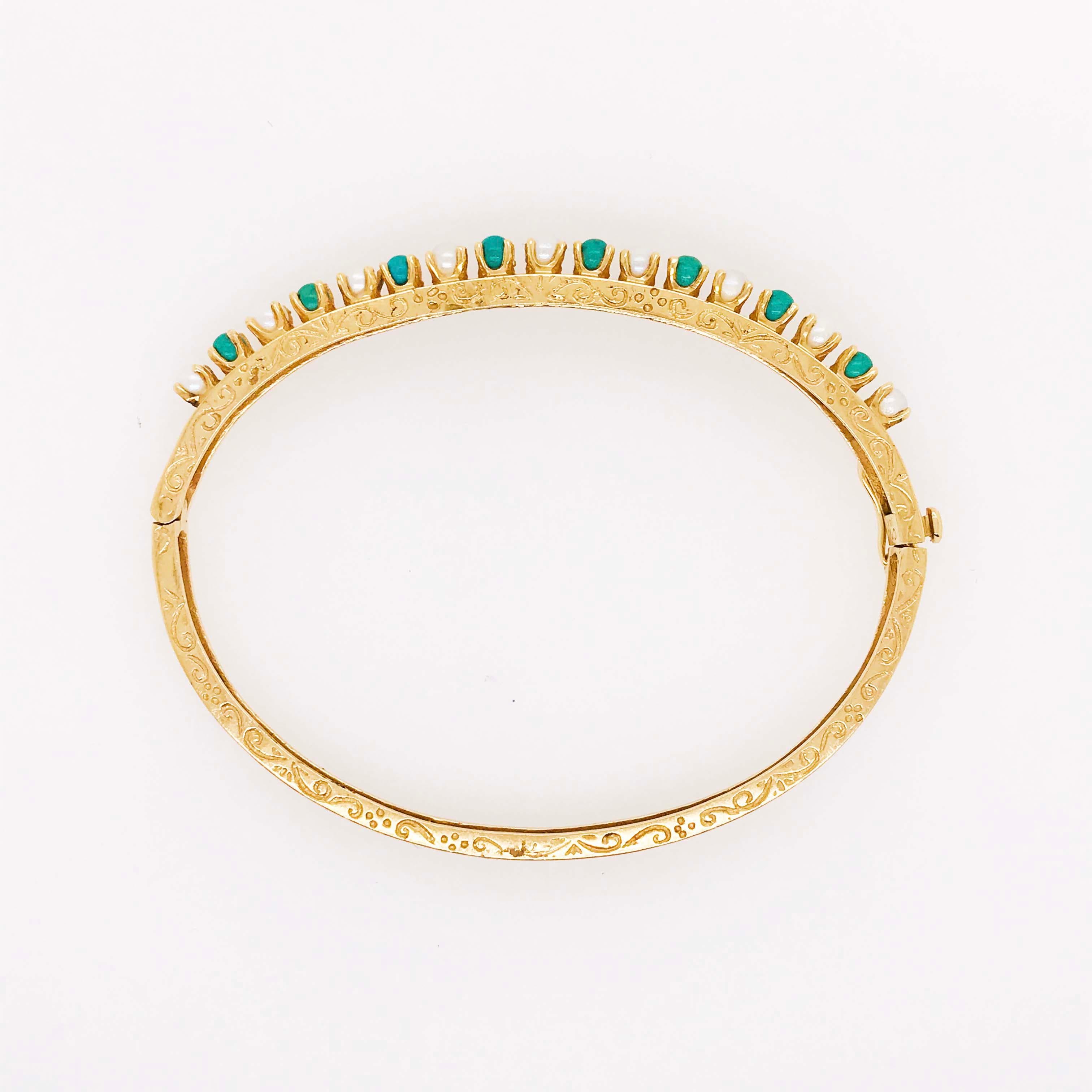 Women's Antique and Original Pearl and Amazonite Bangle Bracelet, 14 Karat Gold Genuine