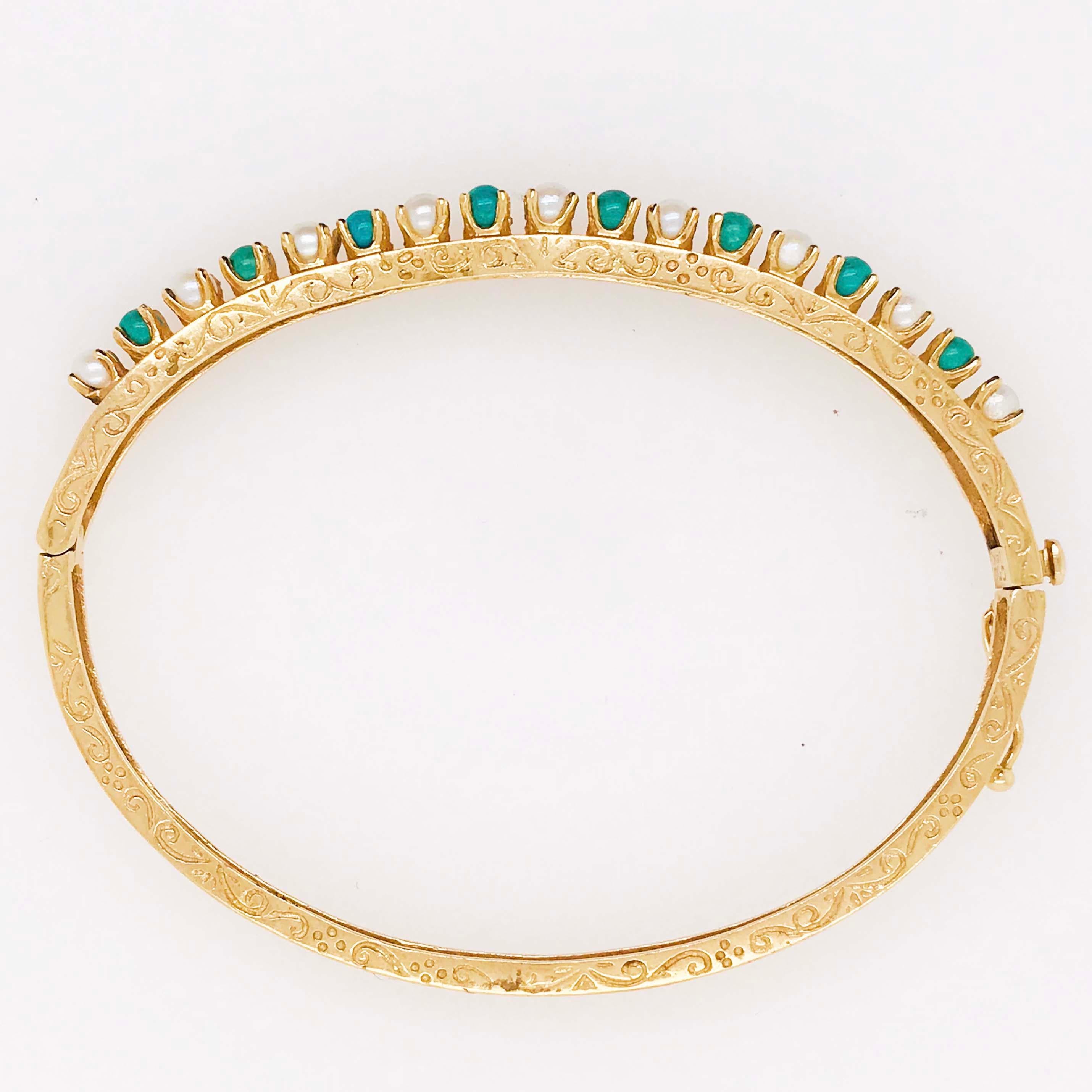Antique and Original Pearl and Amazonite Bangle Bracelet, 14 Karat Gold Genuine 1
