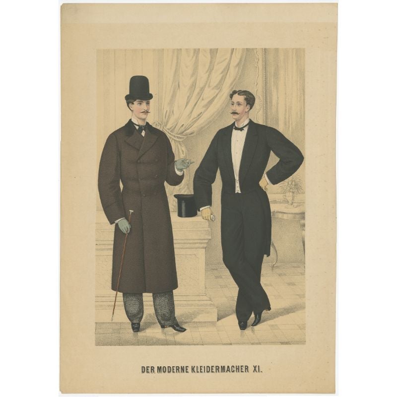 Antique costume print titled 'Der Moderne Kleidermacher XI'. Old fashion print of two men wearing various outfits including long jackets/coats and hats.

Artists and Engravers: Anonymous.

Condition: Good, general age-related toning. Minor wear,