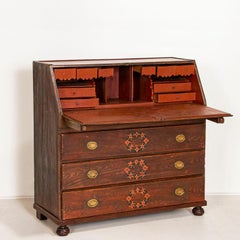 Antique Original Red Painted Bureau Secretary with Flower Garlands from Sweden