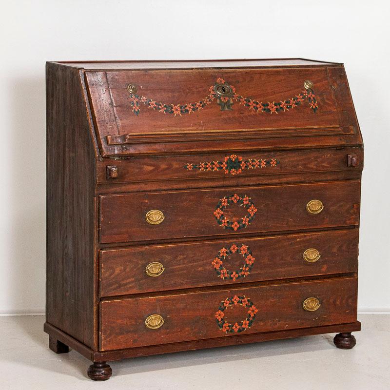 19th Century Antique Original Red Painted Bureau Secretary with Flower Garlands from Sweden