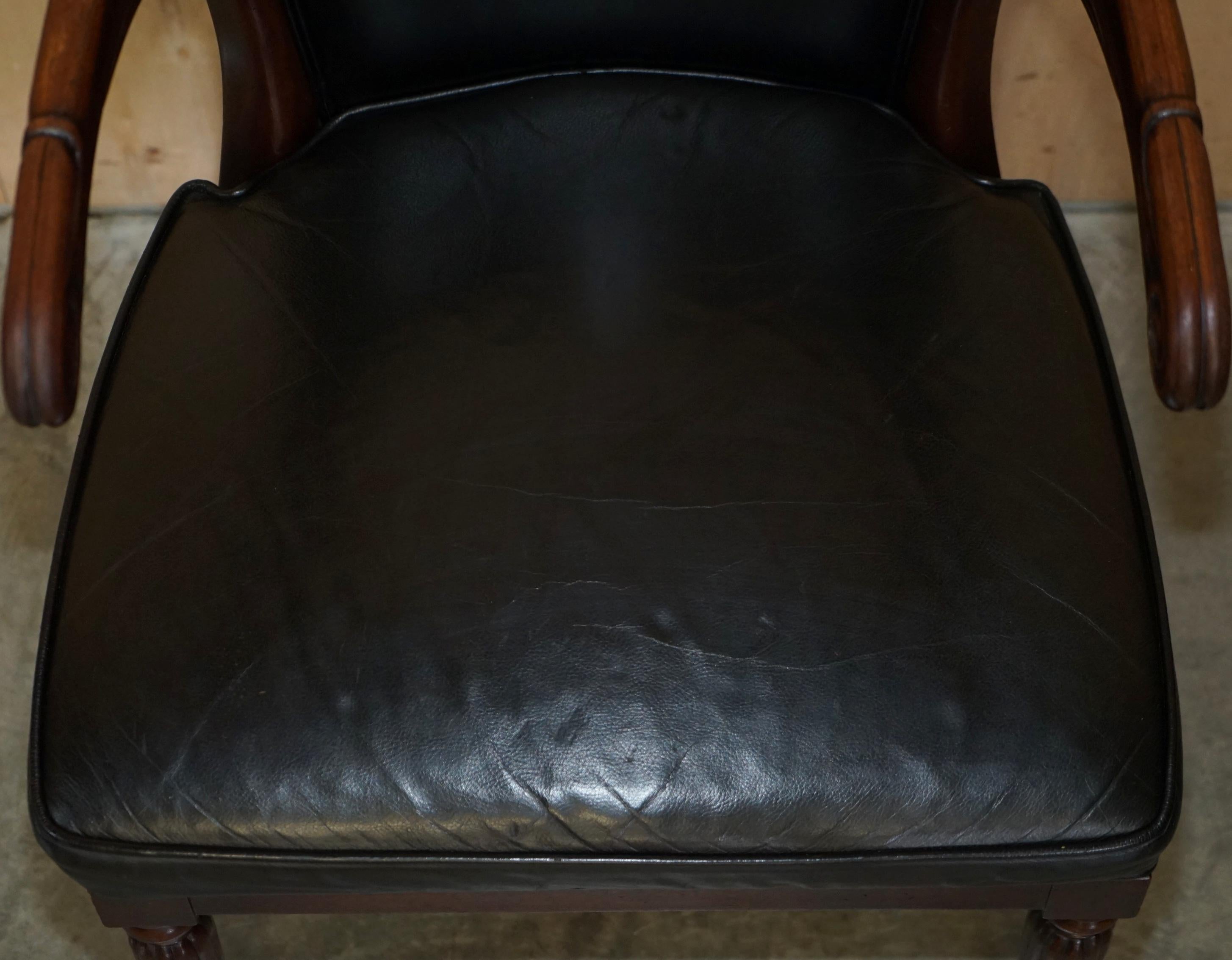 Antique Original Regency 1815 Black Leather Hardwood Horseshoe Office Desk Chair For Sale 7
