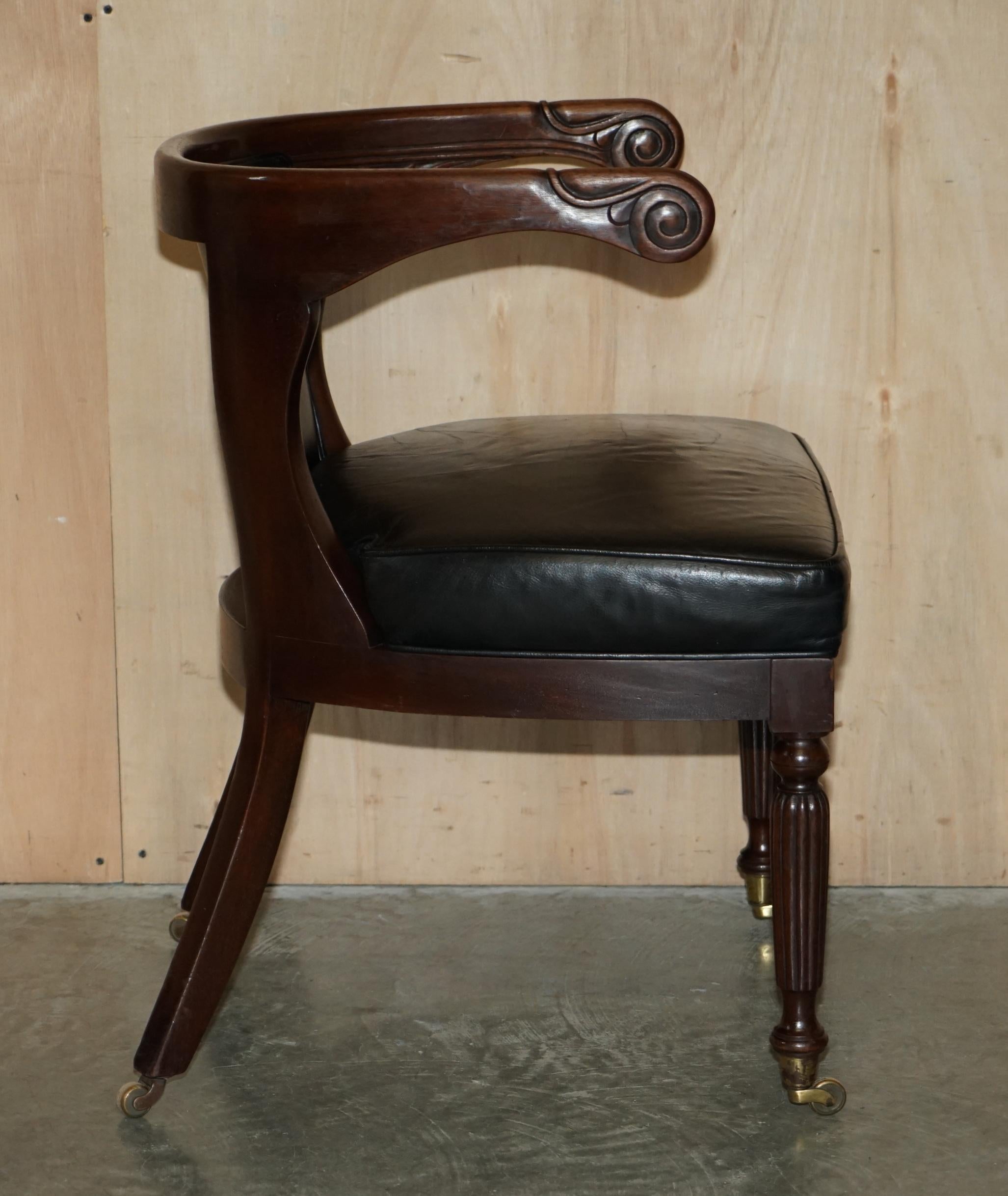 Antique Original Regency 1815 Black Leather Hardwood Horseshoe Office Desk Chair For Sale 10