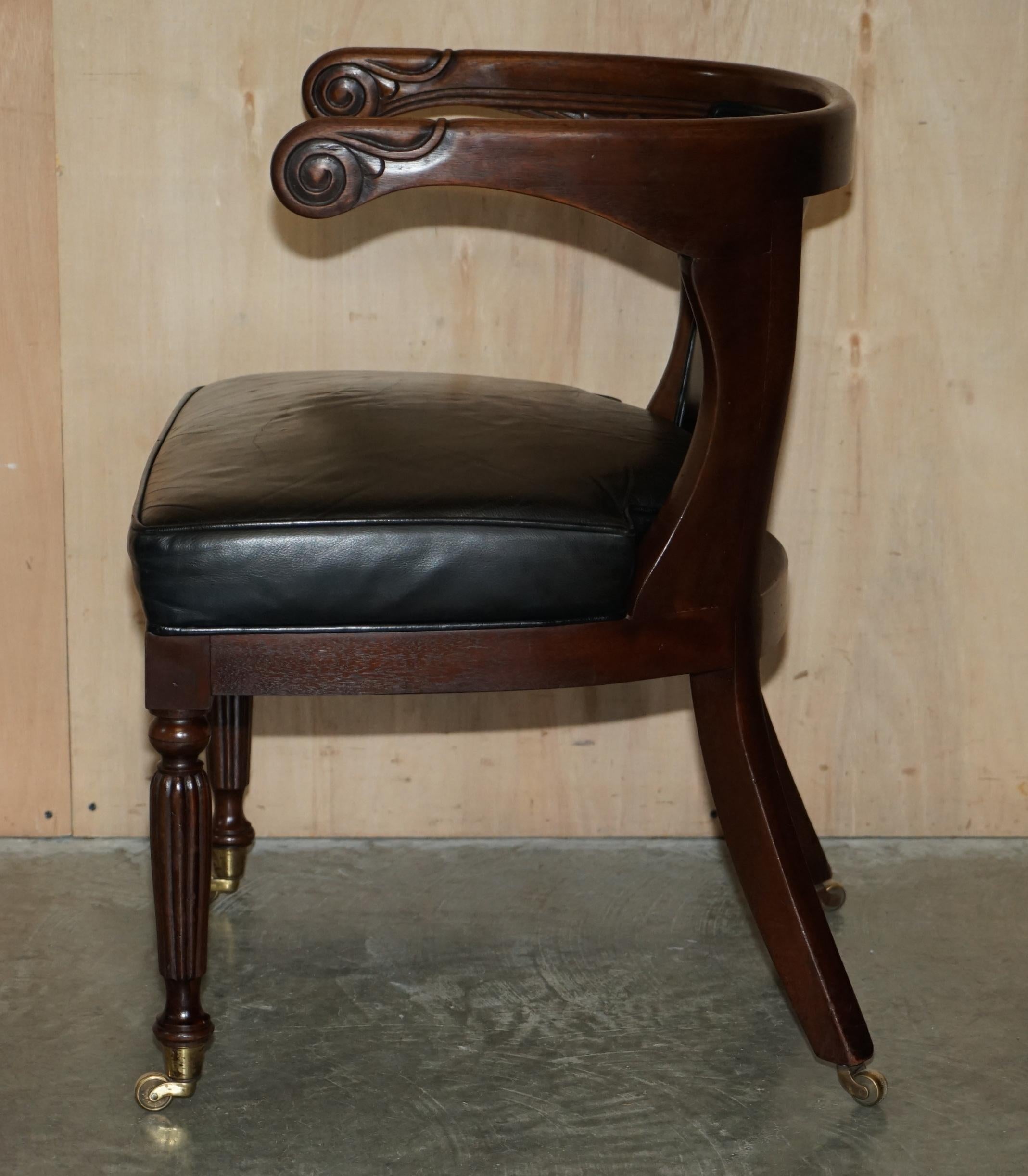 Antique Original Regency 1815 Black Leather Hardwood Horseshoe Office Desk Chair For Sale 12