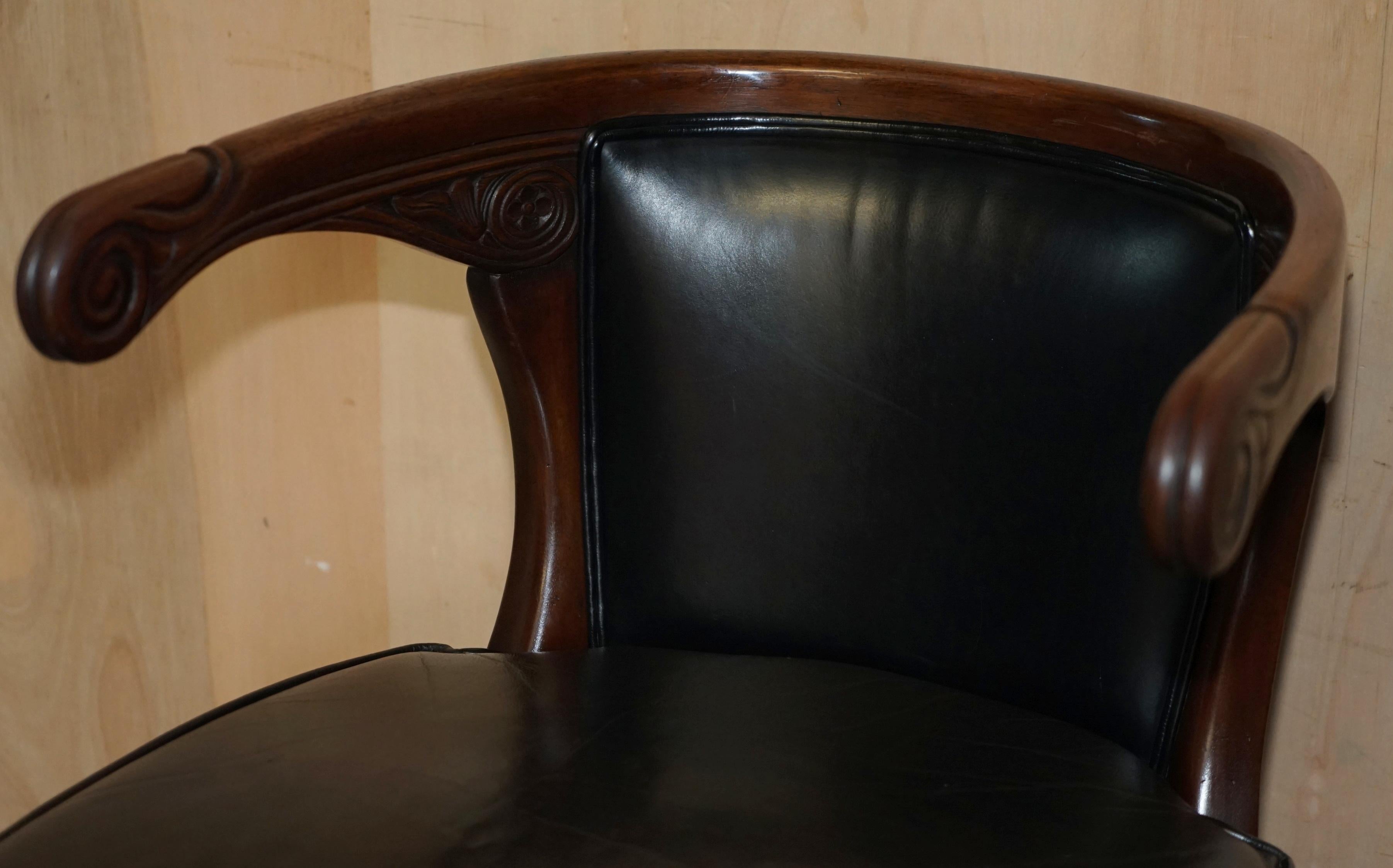 Hand-Crafted Antique Original Regency 1815 Black Leather Hardwood Horseshoe Office Desk Chair For Sale