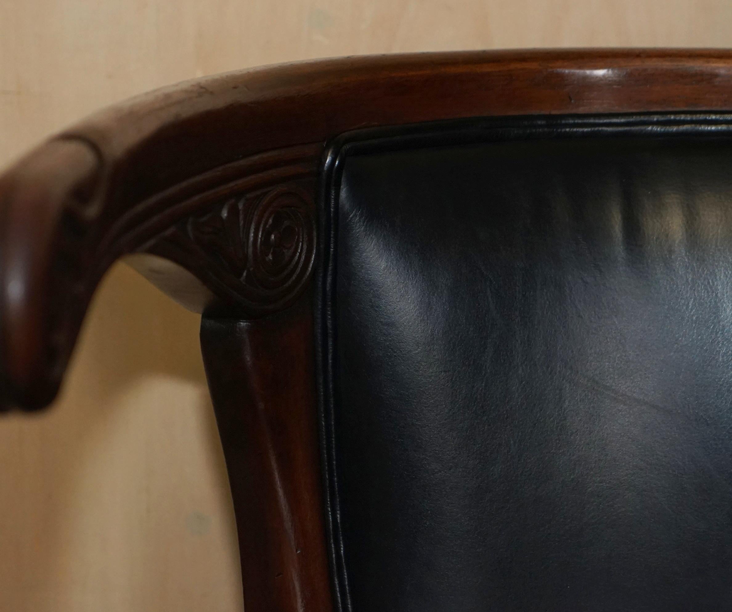 Antique Original Regency 1815 Black Leather Hardwood Horseshoe Office Desk Chair For Sale 1