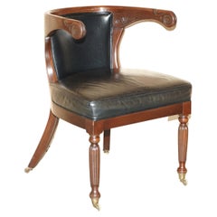 Antique Original Regency 1815 Black Leather Hardwood Horseshoe Office Desk Chair