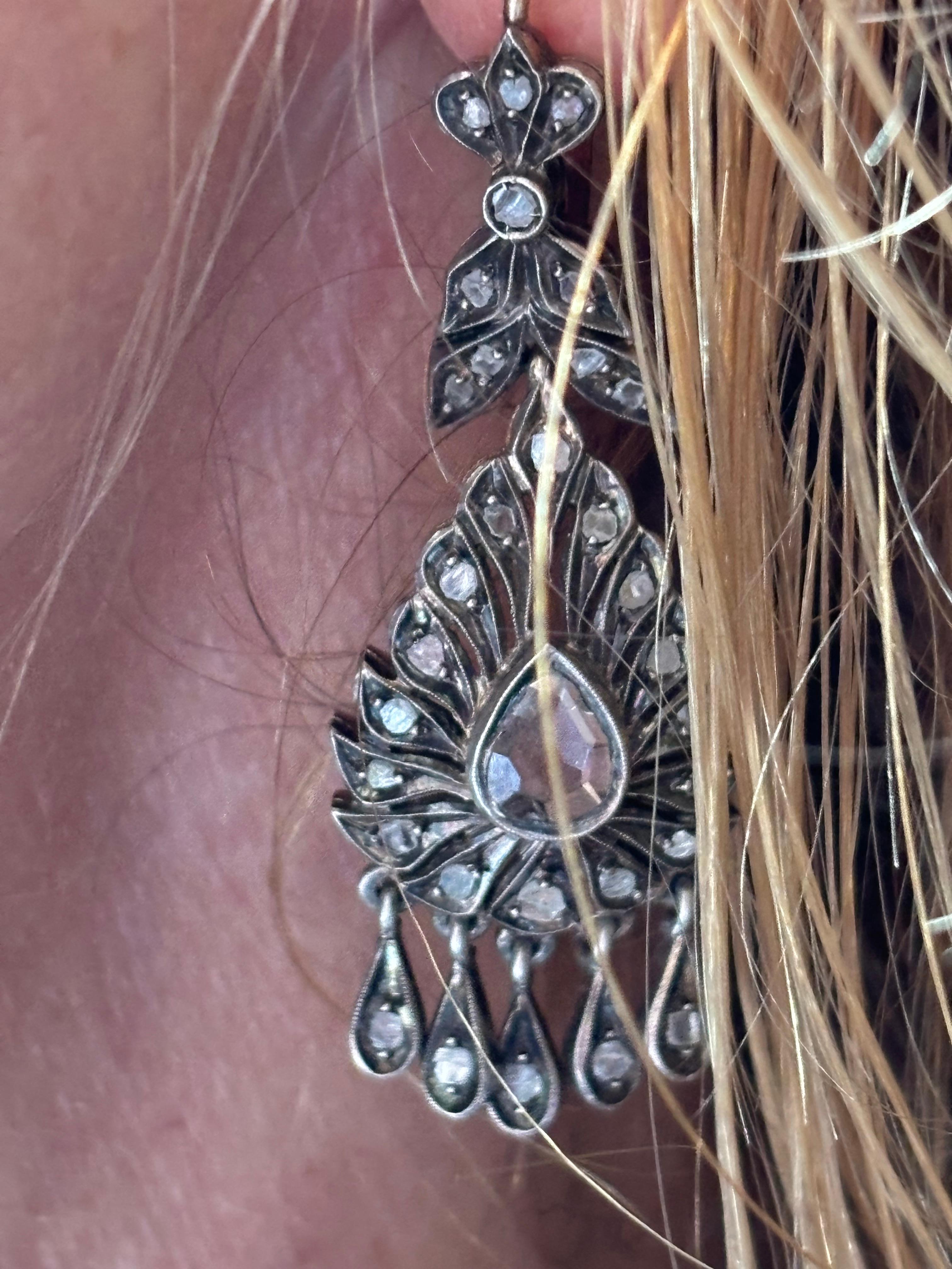 Antique Original Rose Cut Diamond Drop Earrings First Half 19th Century For Sale 4