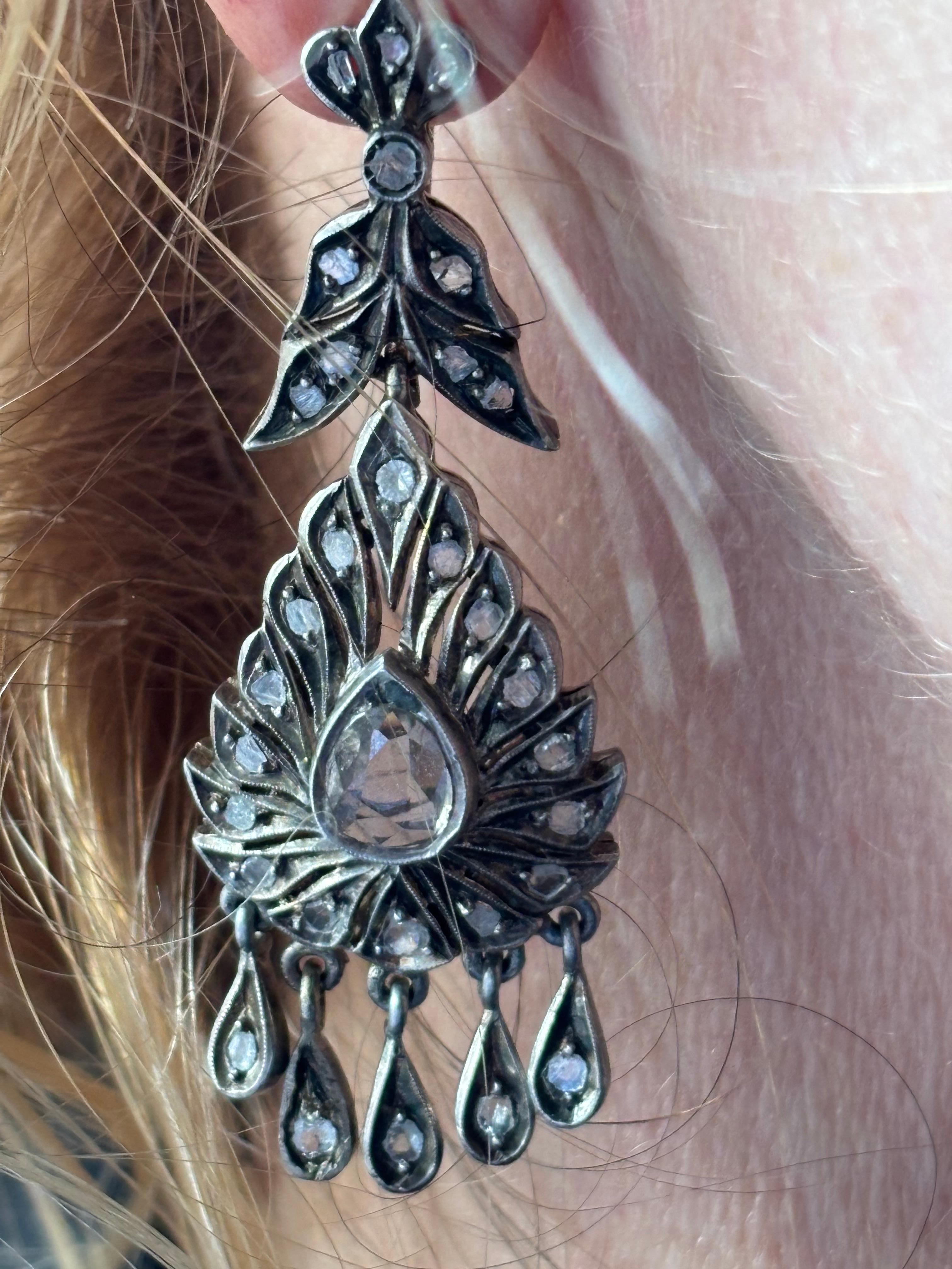 Antique Original Rose Cut Diamond Drop Earrings First Half 19th Century For Sale 5
