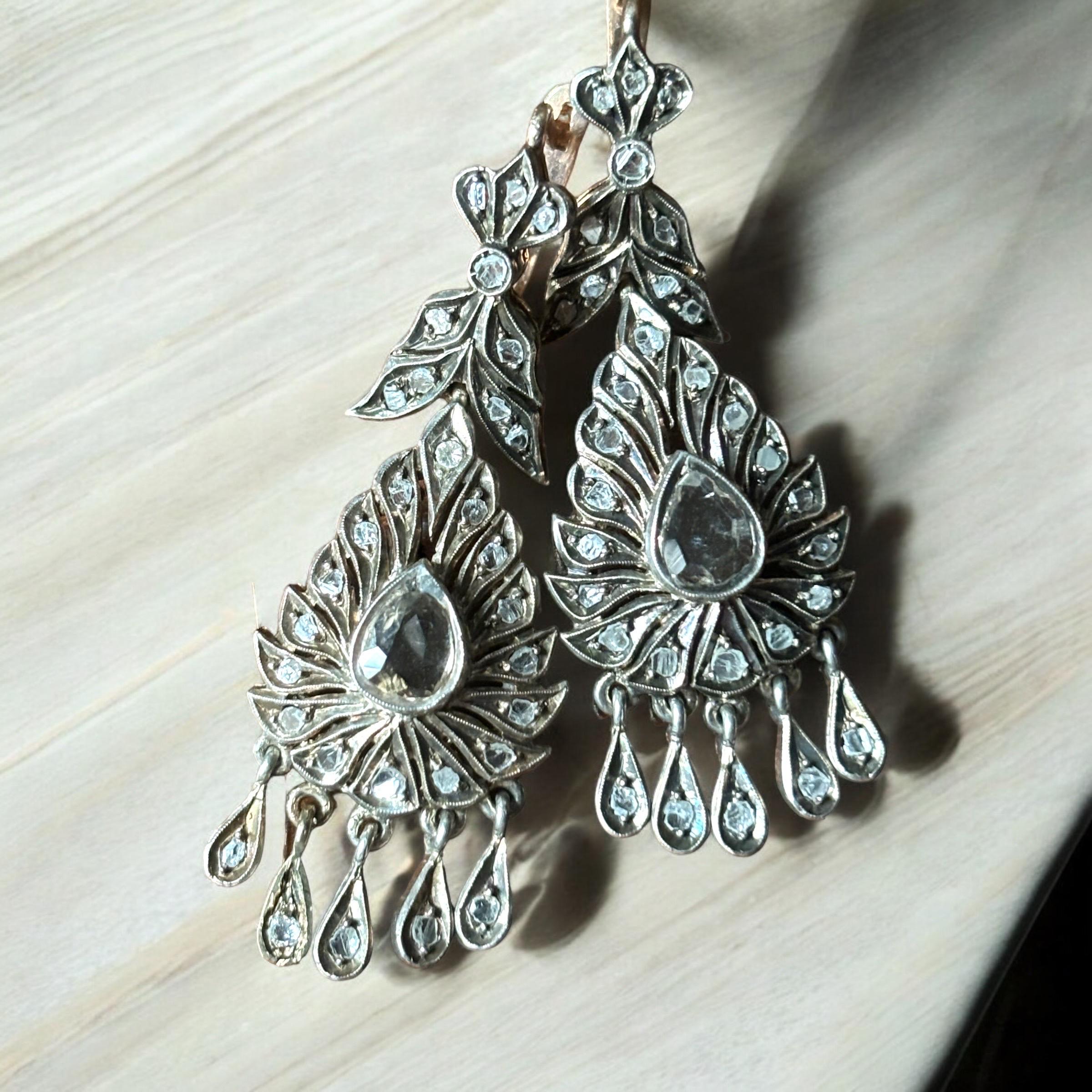 Victorian Antique Original Rose Cut Diamond Drop Earrings First Half 19th Century For Sale