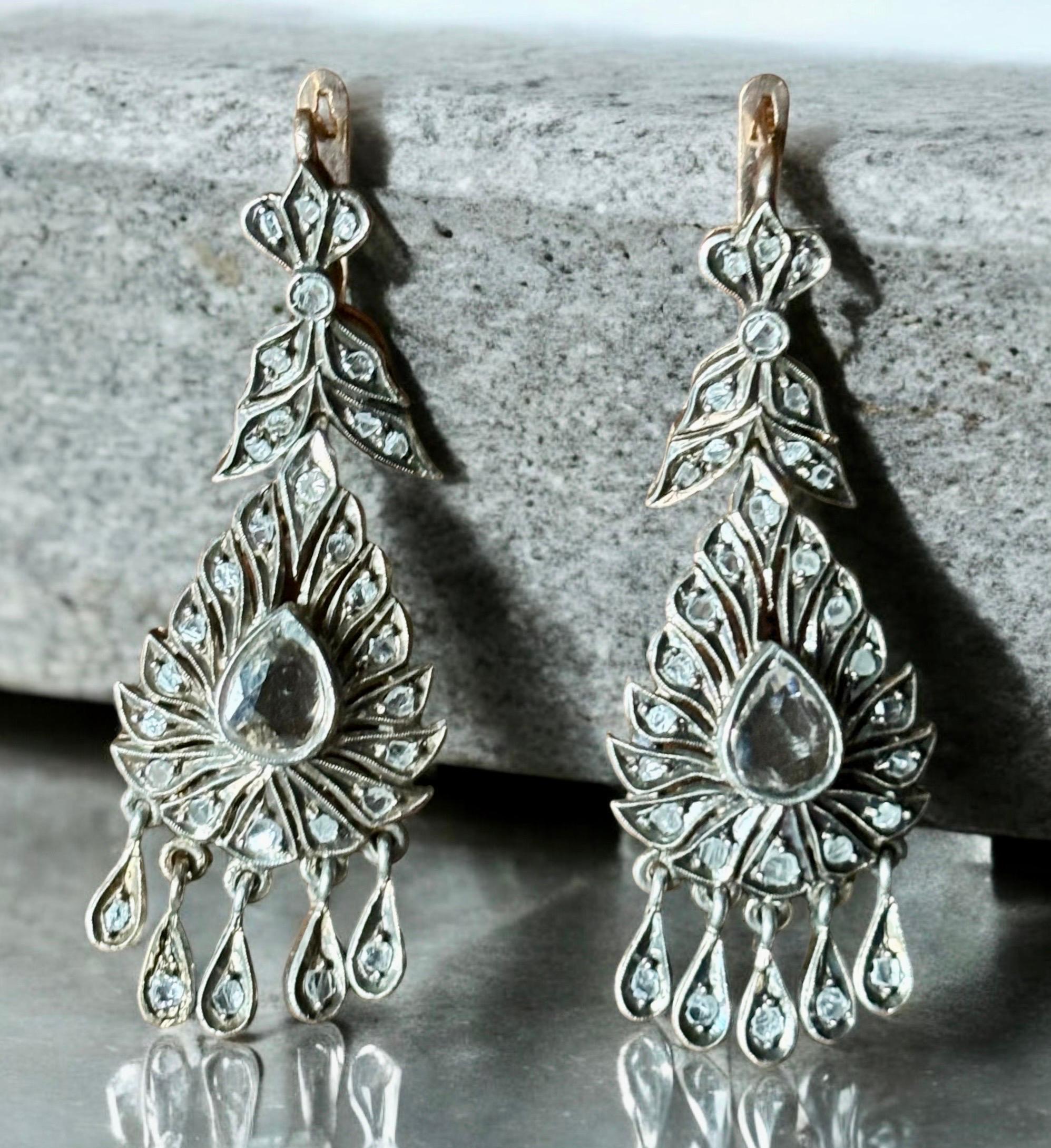 Pear Cut Antique Original Rose Cut Diamond Drop Earrings First Half 19th Century For Sale
