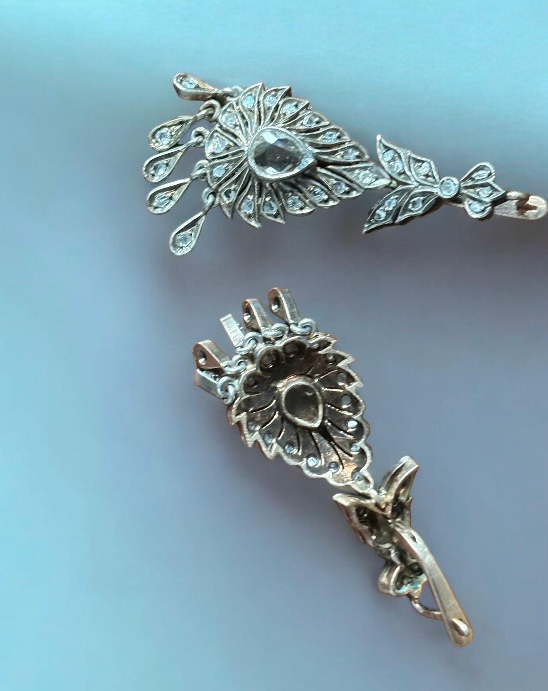 Antique Original Rose Cut Diamond Drop Earrings First Half 19th Century In Fair Condition For Sale In OVIEDO, AS