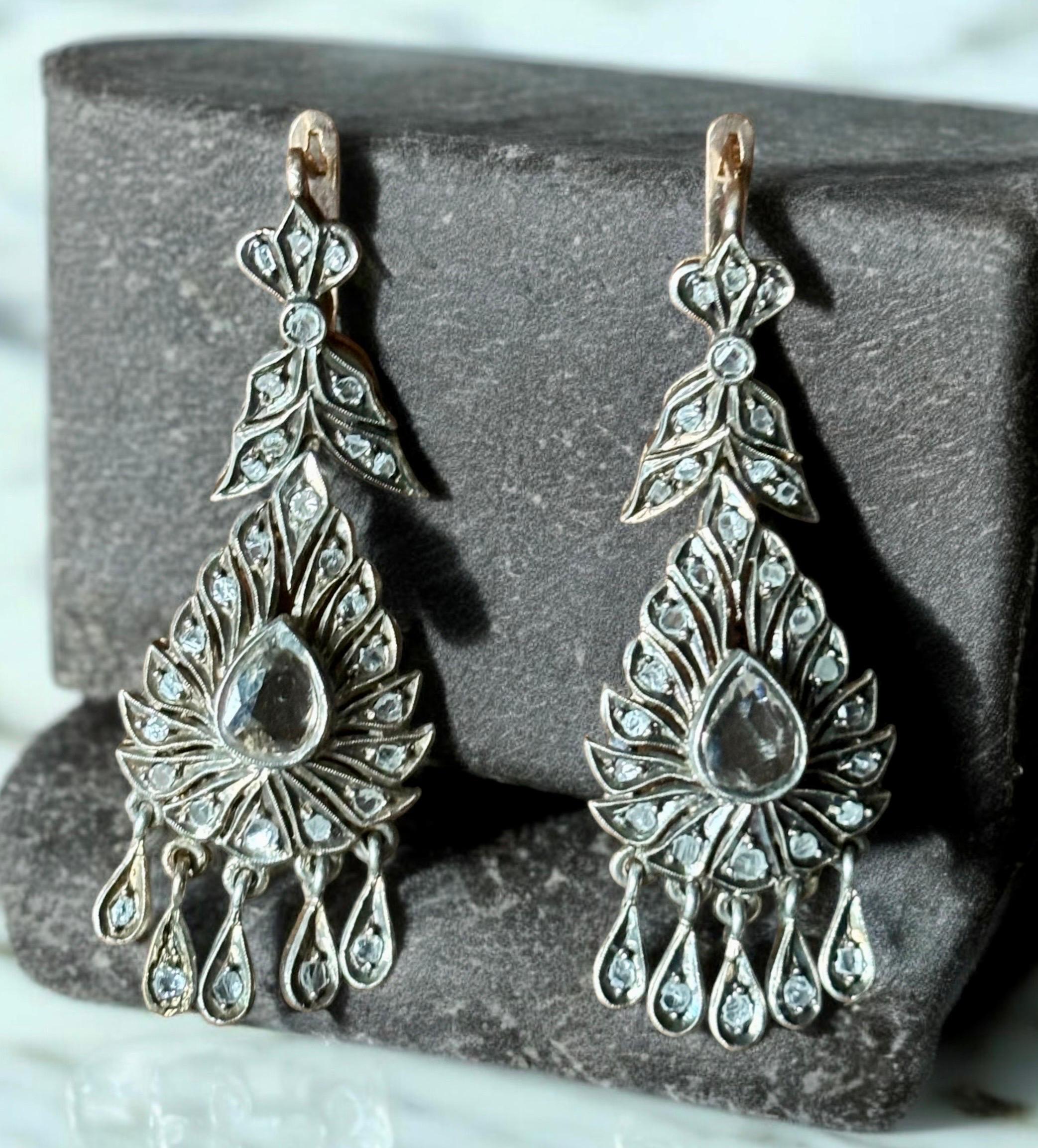Women's Antique Original Rose Cut Diamond Drop Earrings First Half 19th Century For Sale