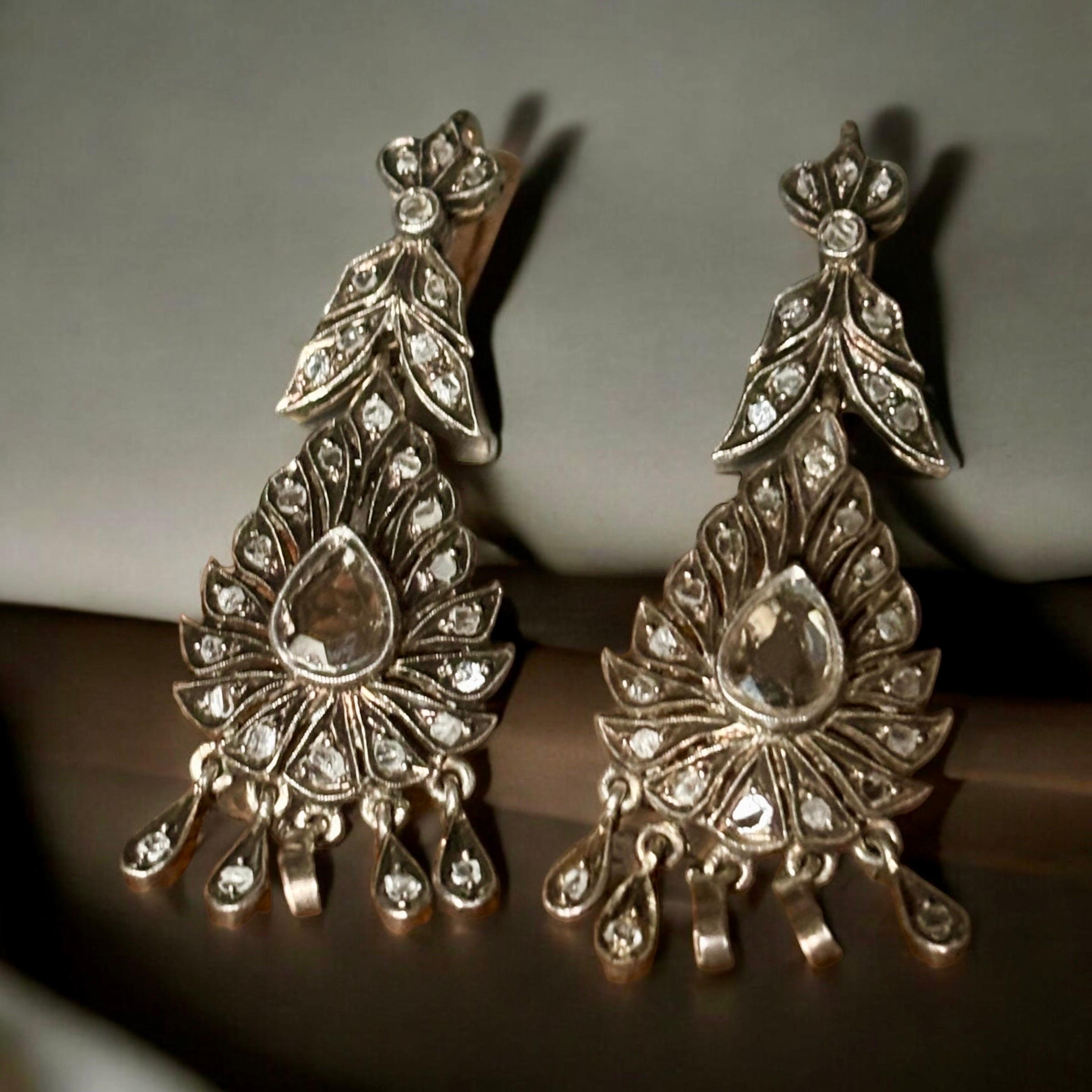 Antique Original Rose Cut Diamond Drop Earrings First Half 19th Century For Sale 1
