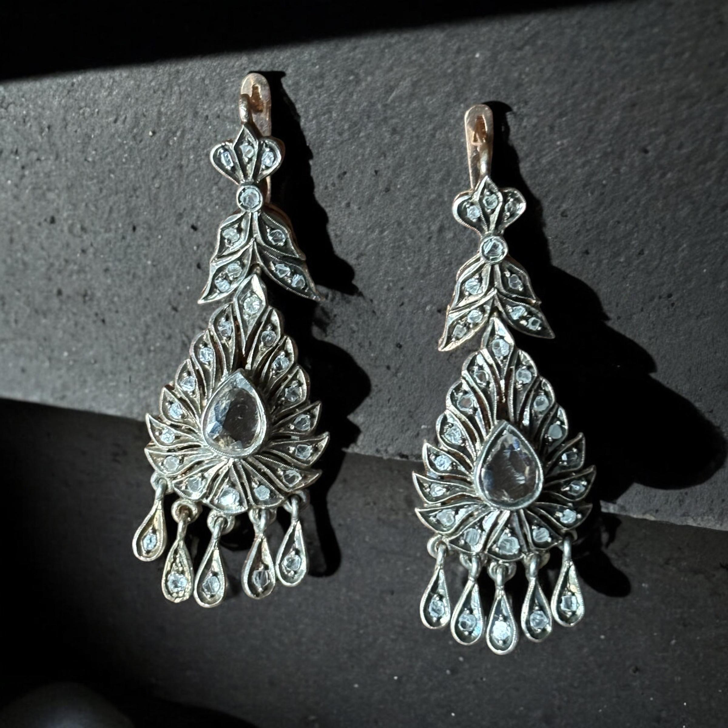 Antique Original Rose Cut Diamond Drop Earrings First Half 19th Century For Sale 2