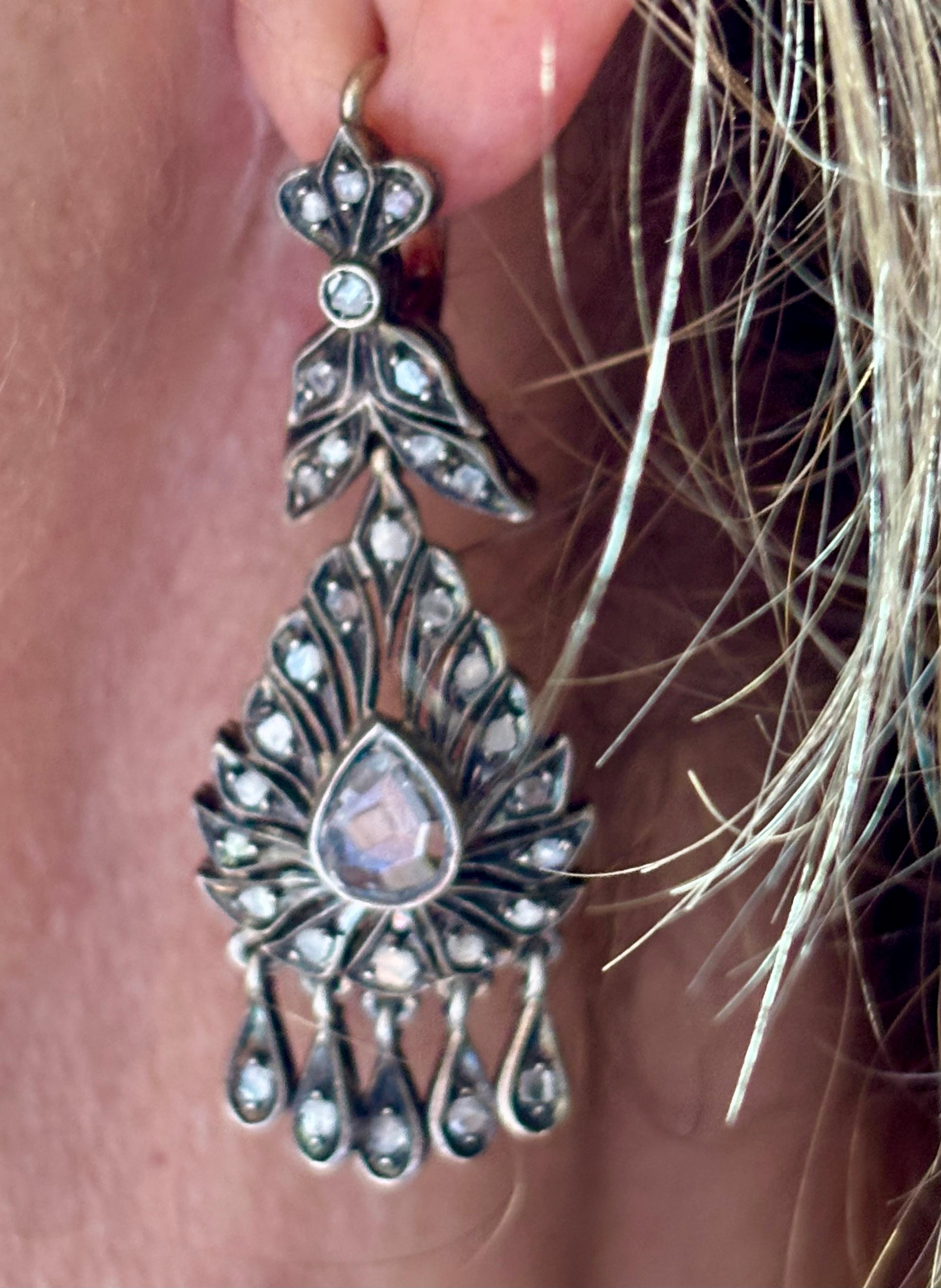 Antique Original Rose Cut Diamond Drop Earrings First Half 19th Century For Sale 3
