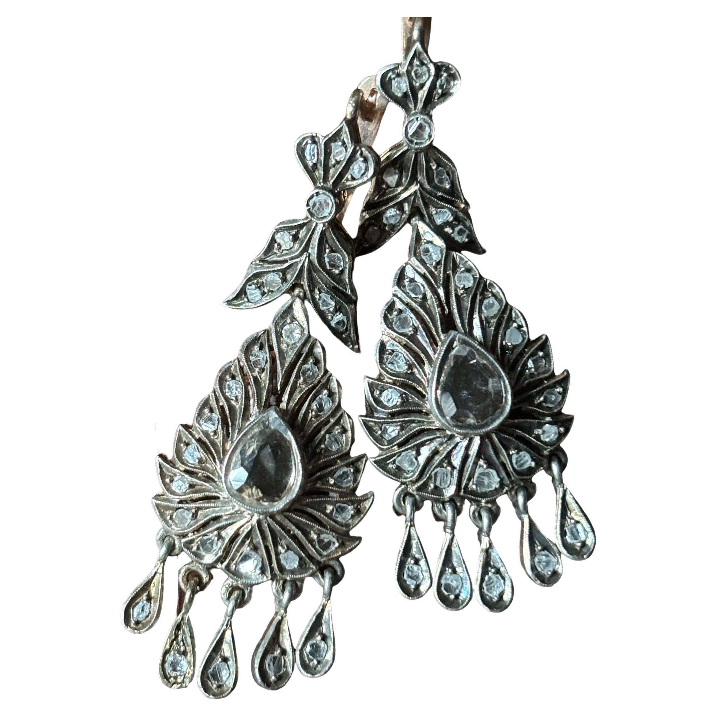 Antique Original Rose Cut Diamond Drop Earrings First Half 19th Century