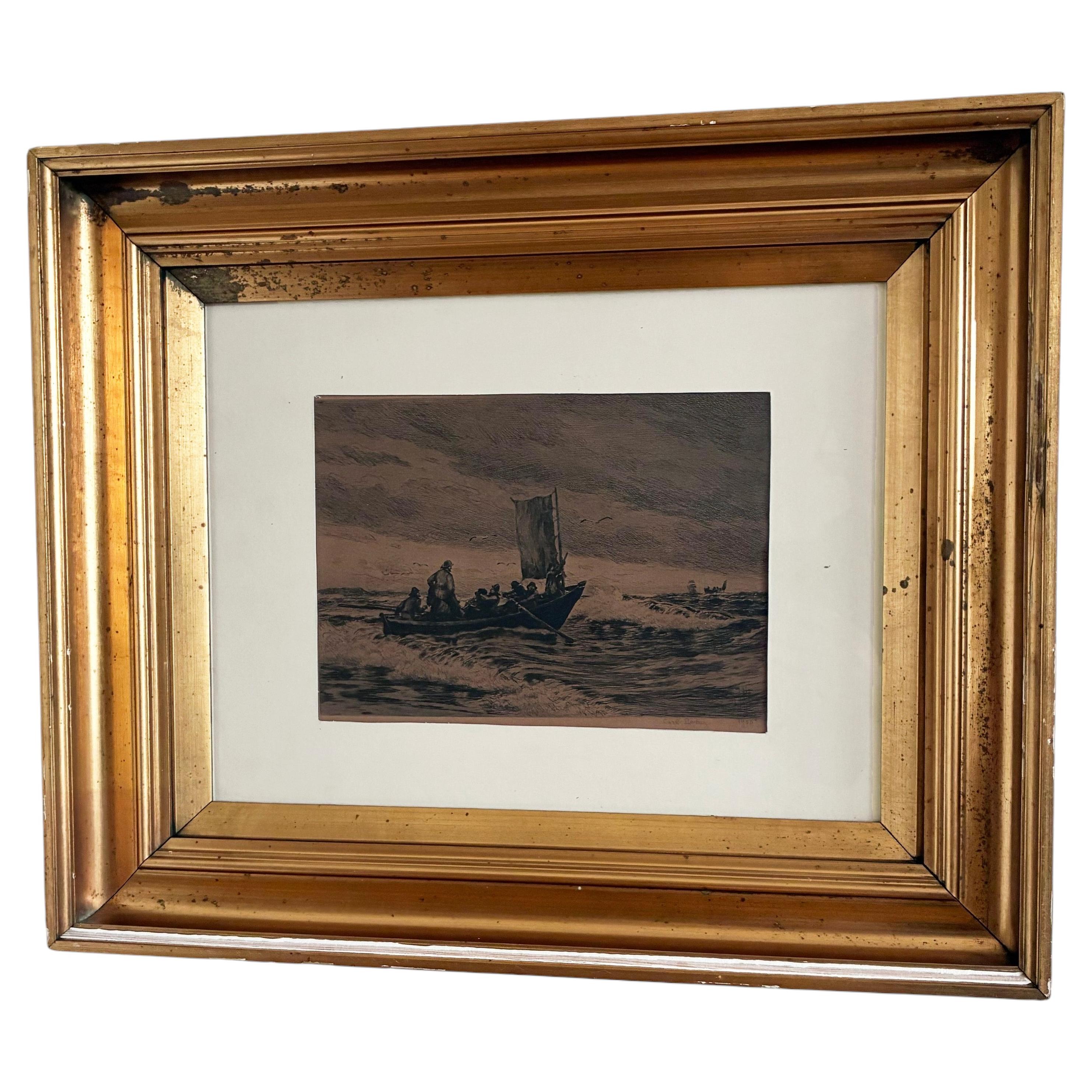 Antike Original-Radierung eines Segelboots, signierte Wanddekoration mit Meeresmotiv, 1900