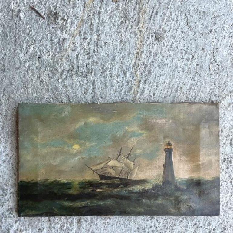 Capture the timeless allure of America's coastal vistas with this Antique Original Seascape Oil on Canvas. With skillful brushwork and vivid hues, this painting transports you to the rugged shores and vast horizons of the American coastline. Perfect