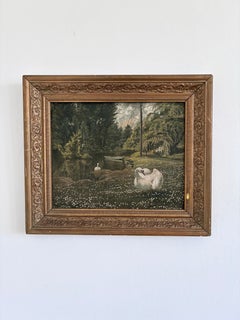 Antique Original Swan Oil Painting, Signed Garden Landscape