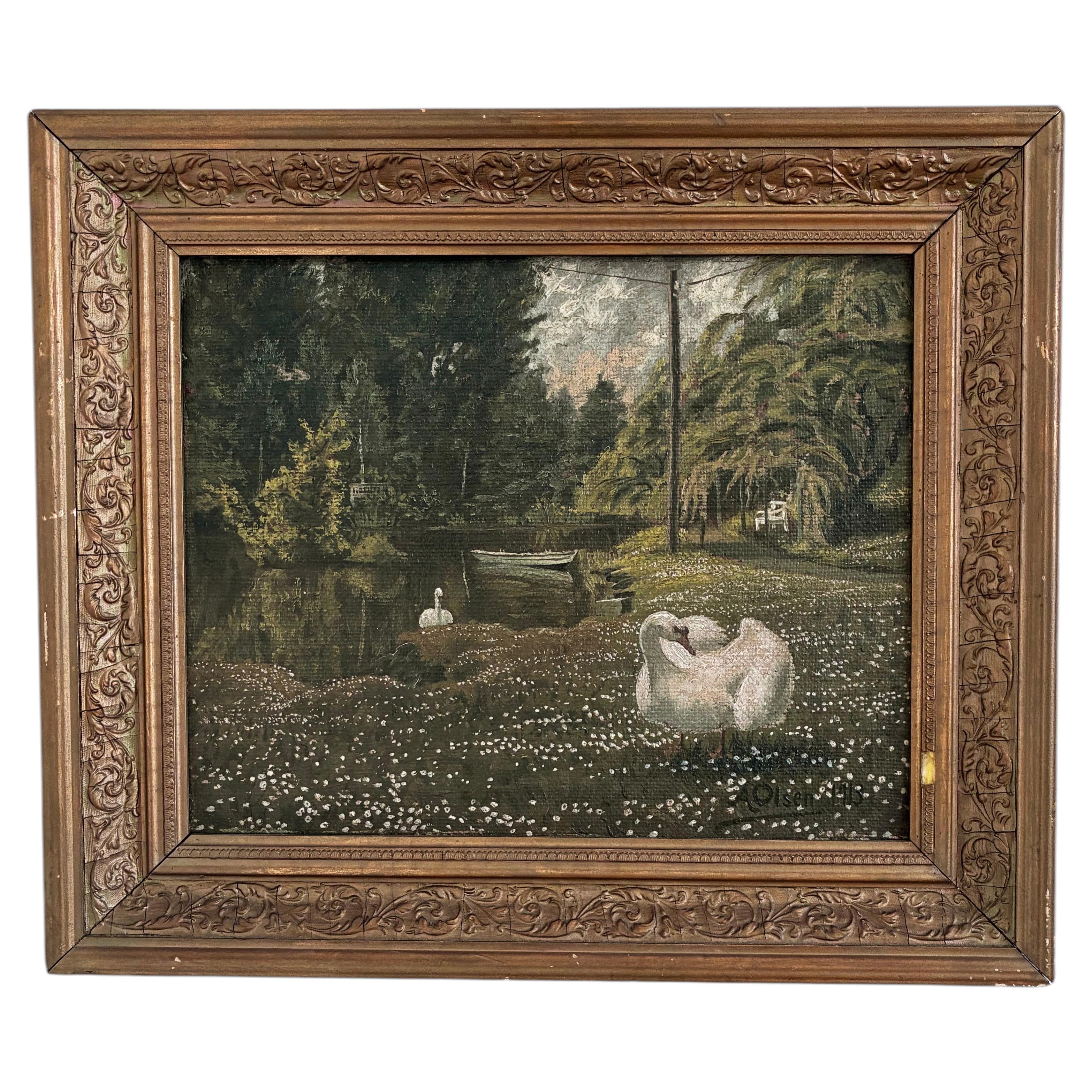 Antique Original Swan Oil Painting, Signed Garden Landscape