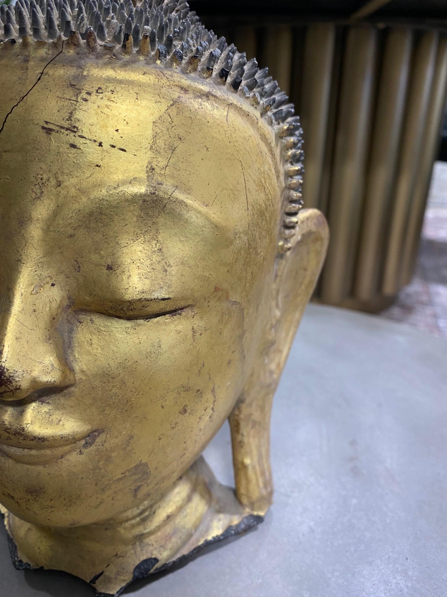 Hand-Crafted Antique Original Thayo Burmese Burma Myanmar Asian Buddha Head Sculpture Statue For Sale