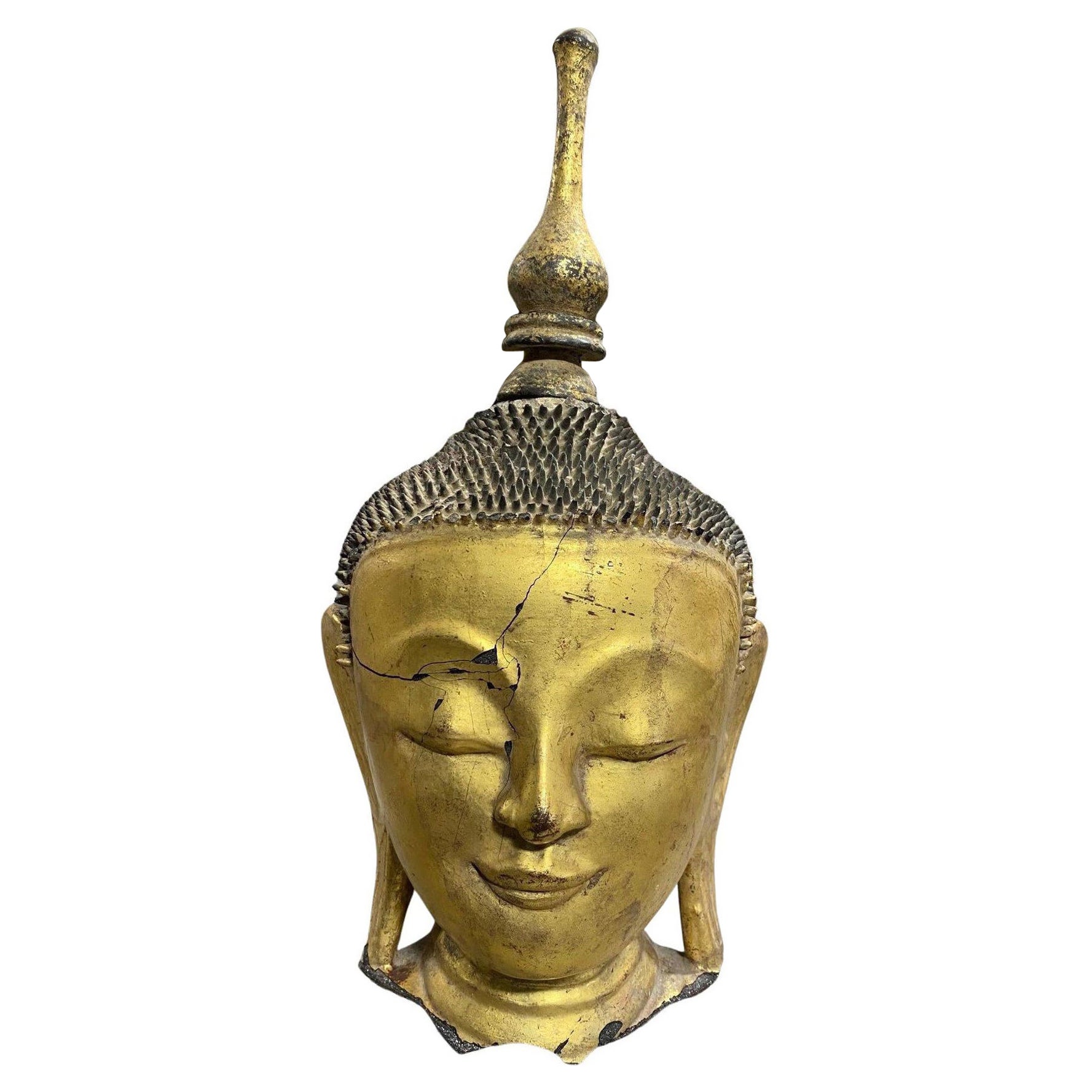 Ancienne sculpture originale de tête de Bouddha asiatique birman Thayo, Birmanie, Myanmar