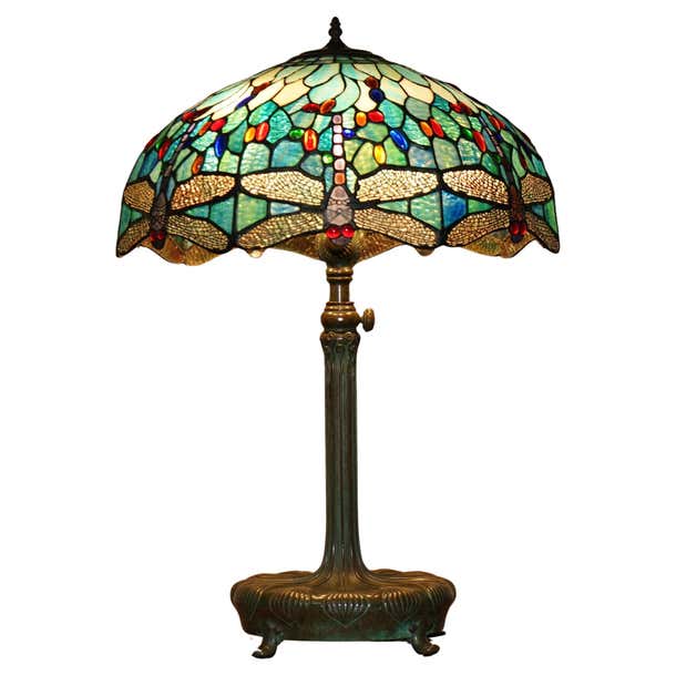 Antique Tiffany Studios Adjustable Lamp Base with Later Stained Glass ...