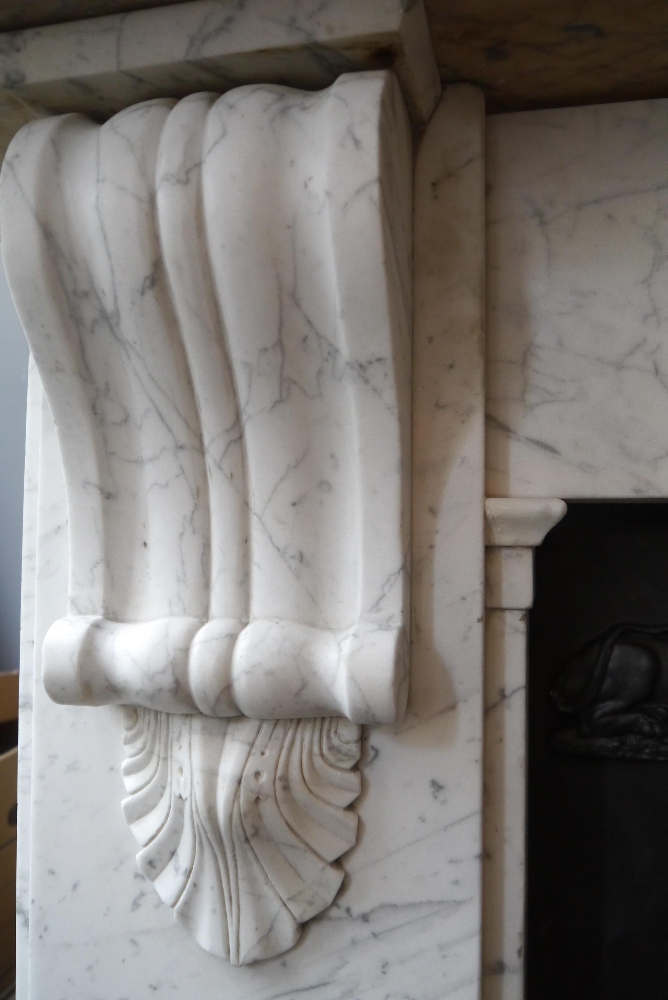 English Antique Original Veined Carrara Victorian Marble Corbel Fireplace Mantelpiece For Sale