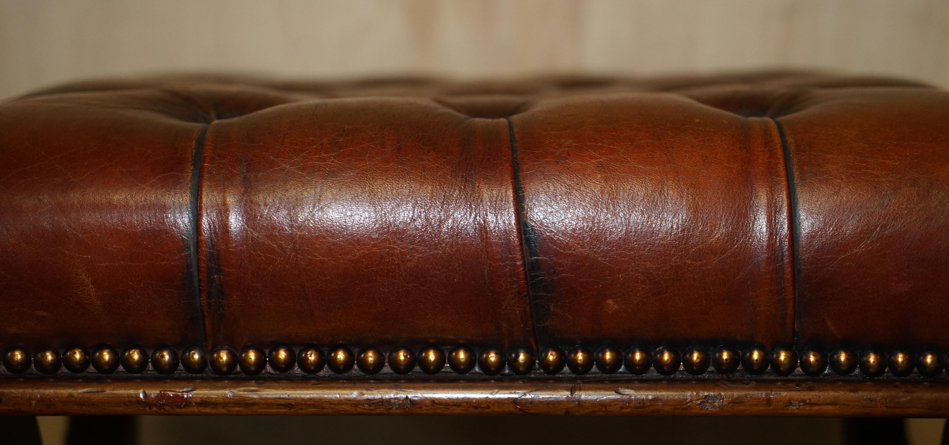 19th Century ANTIQUE ORIGINAL ViCTORIAN LEATHER CHESTERFIELD OTTOMAN FOOTSTOOL CARVED FRAME