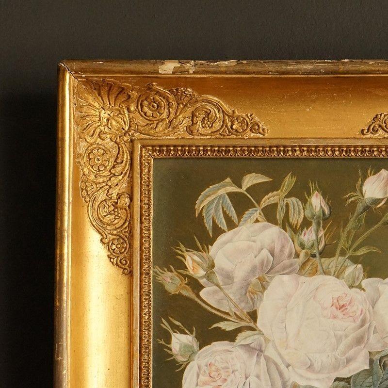 French Antique Original Floral Watercolour Still Life Painting Depicting Roses, 1850