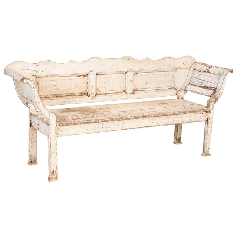Antique Original White Painted Bench with Curved Arms