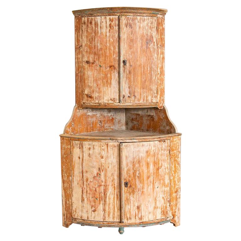 Antique Original White Painted Pine Corner Cabinet from Sweden