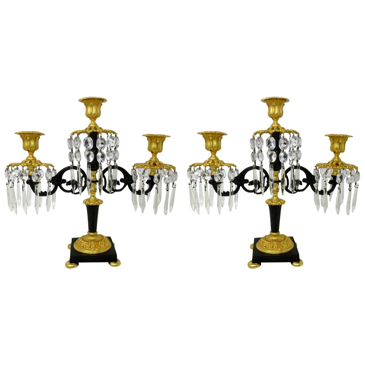 Antique Ormolu Bronze Dore Crystal Three Branch Candelabra French Lusters, Pair