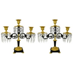 Antique Ormolu Bronze Dore Crystal Three Branch Candelabra French Lusters, Pair