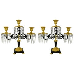 Antique Ormolu Bronze Dore Crystal Three Branch Candelabra French Lusters, Pair