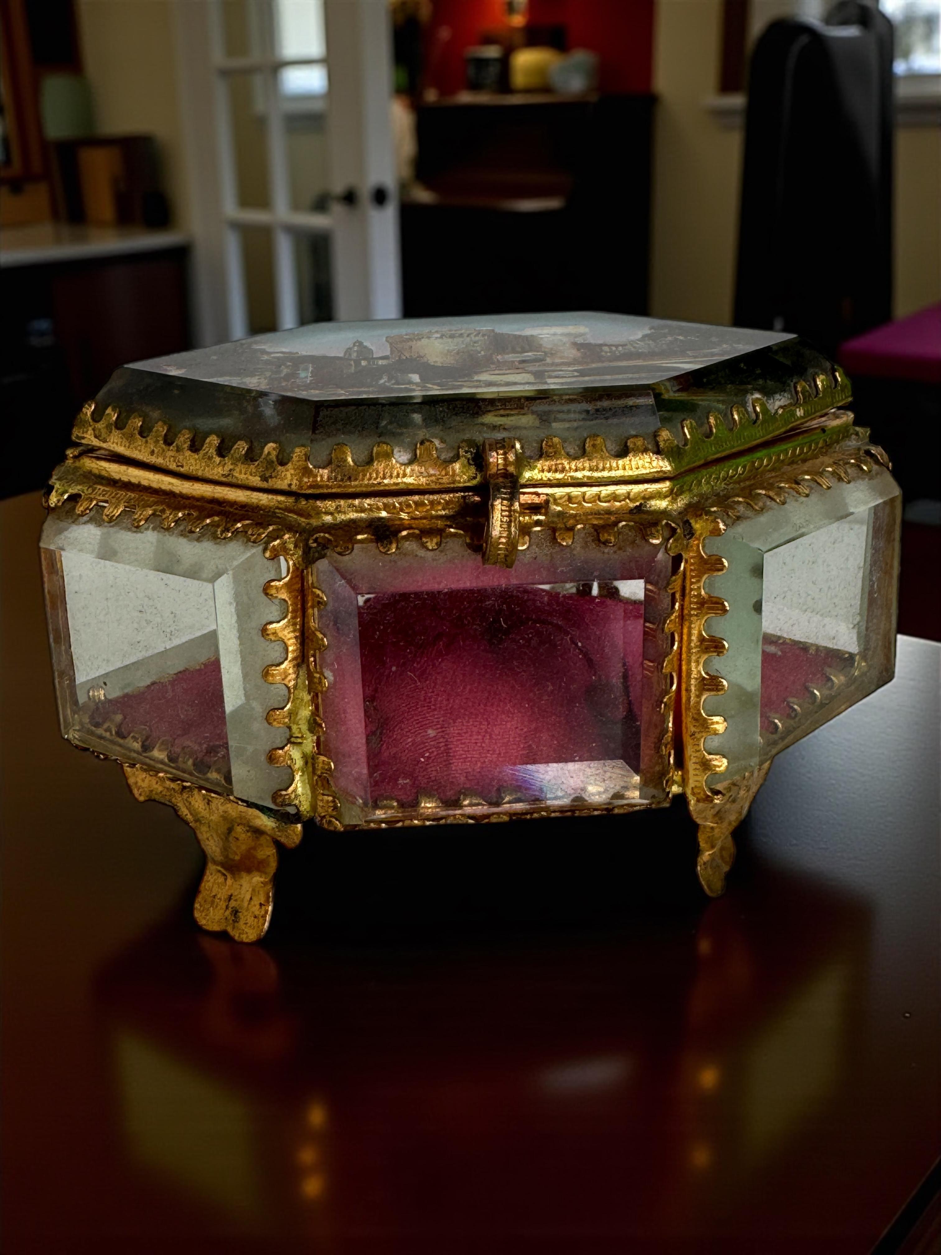 Antiguo Joyero Ormolu Cofre Souvenir Cristal Biselado Grand Tour Francia 1900 en venta 5