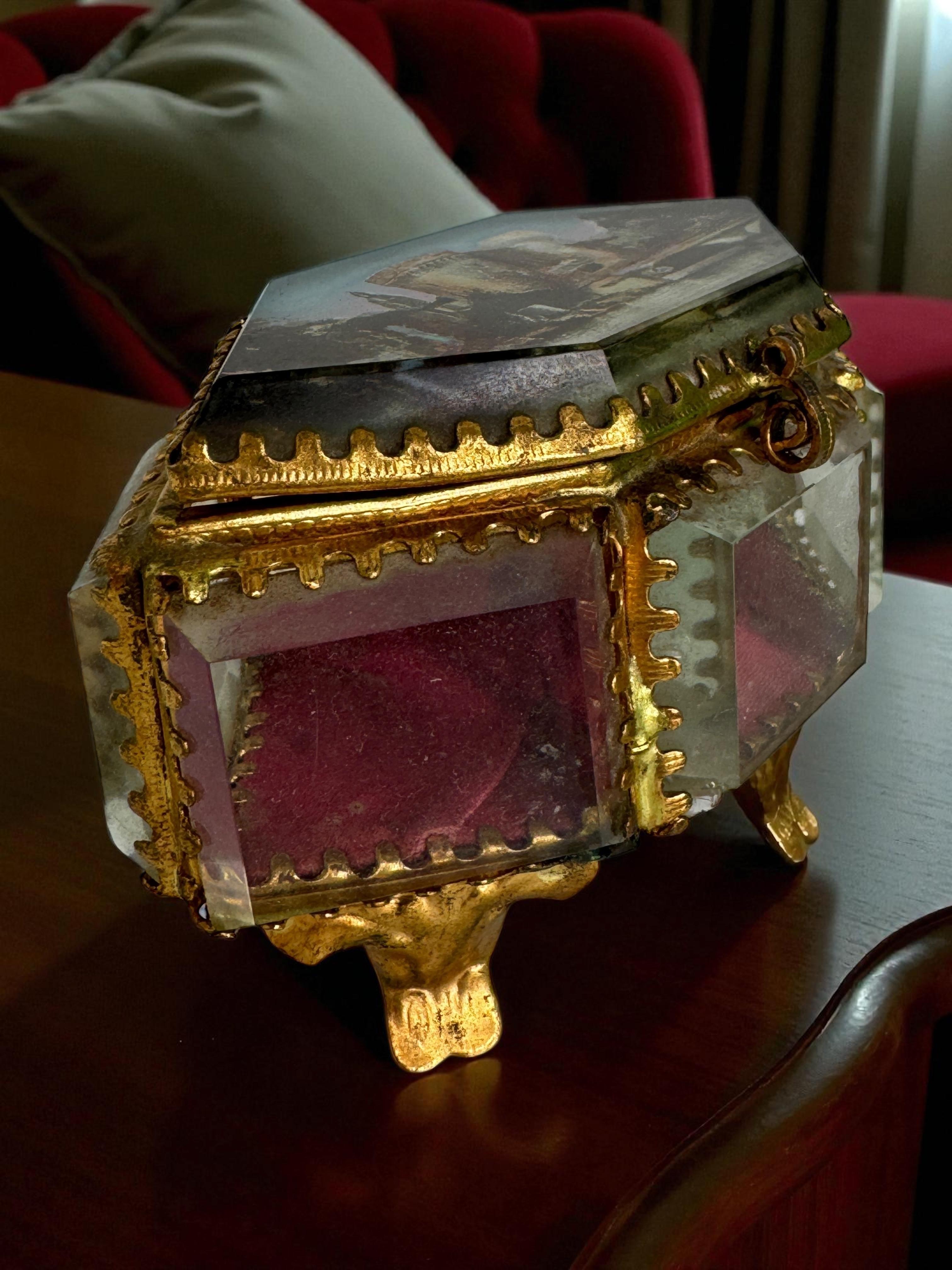 Antiguo Joyero Ormolu Cofre Souvenir Cristal Biselado Grand Tour Francia 1900 en venta 6