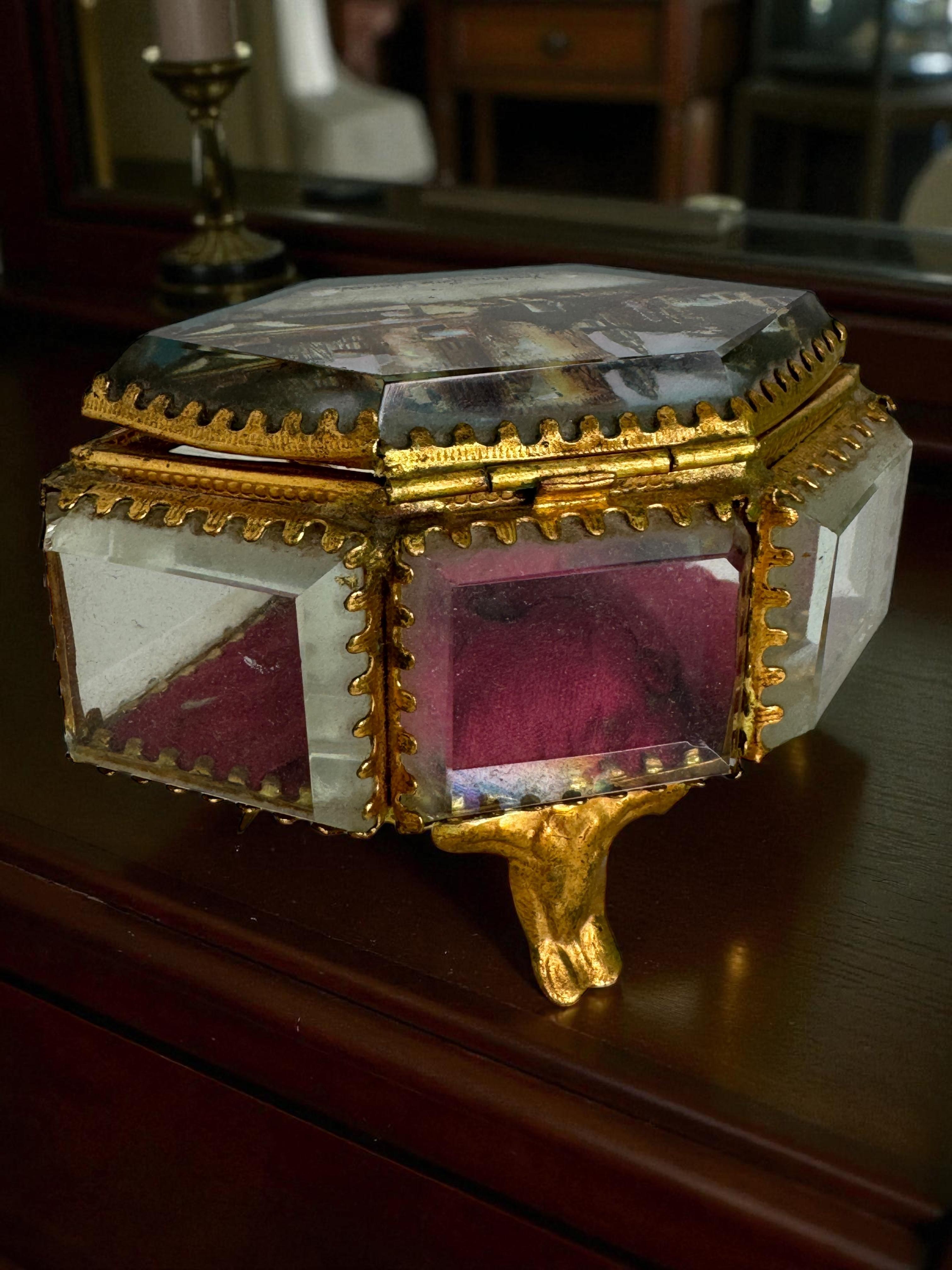 Antiguo Joyero Ormolu Cofre Souvenir Cristal Biselado Grand Tour Francia 1900 en venta 9